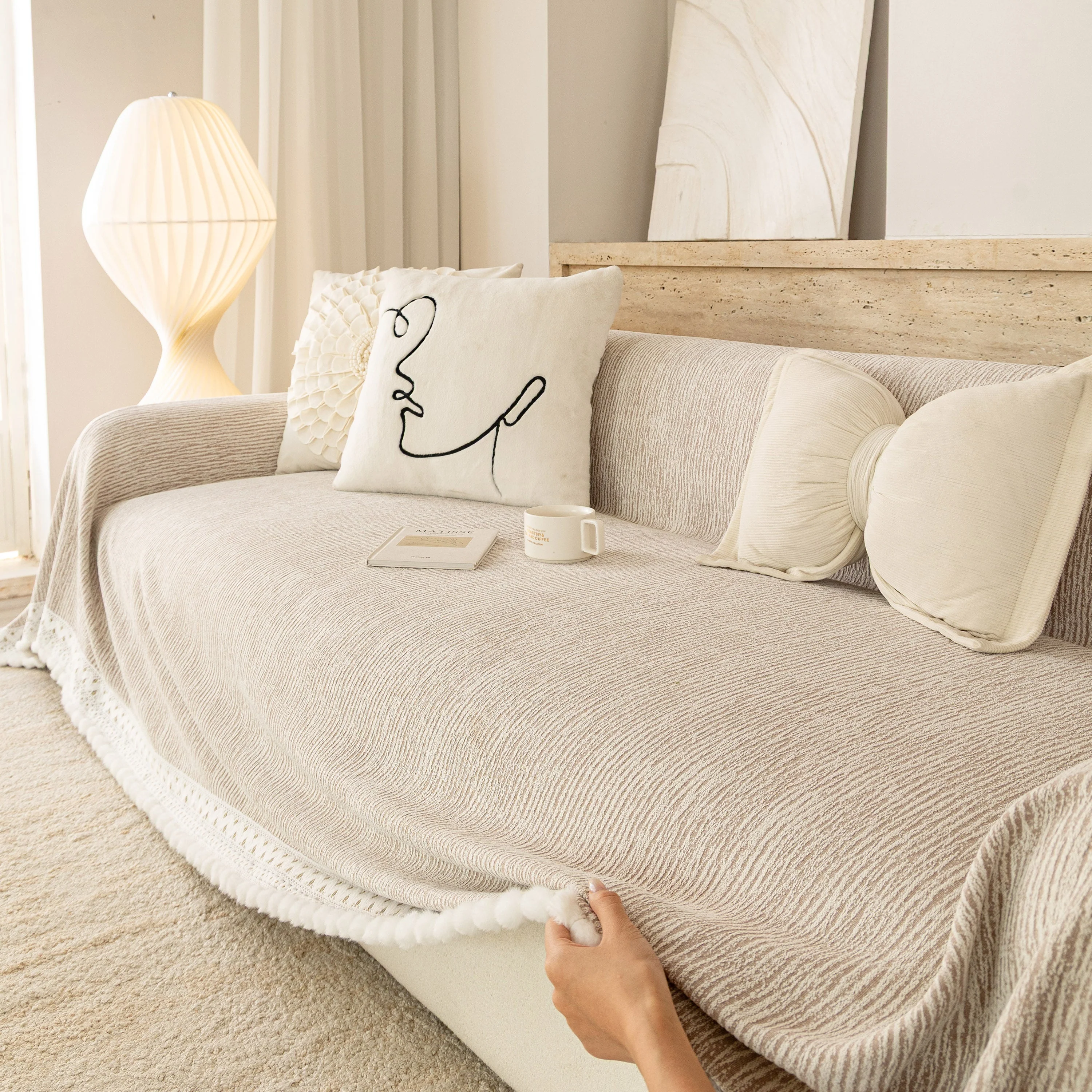Sofa Cover Throw with Lace Trim & Pom-Pom Fringe, Decorative Couch Cover Blanket - Image 42