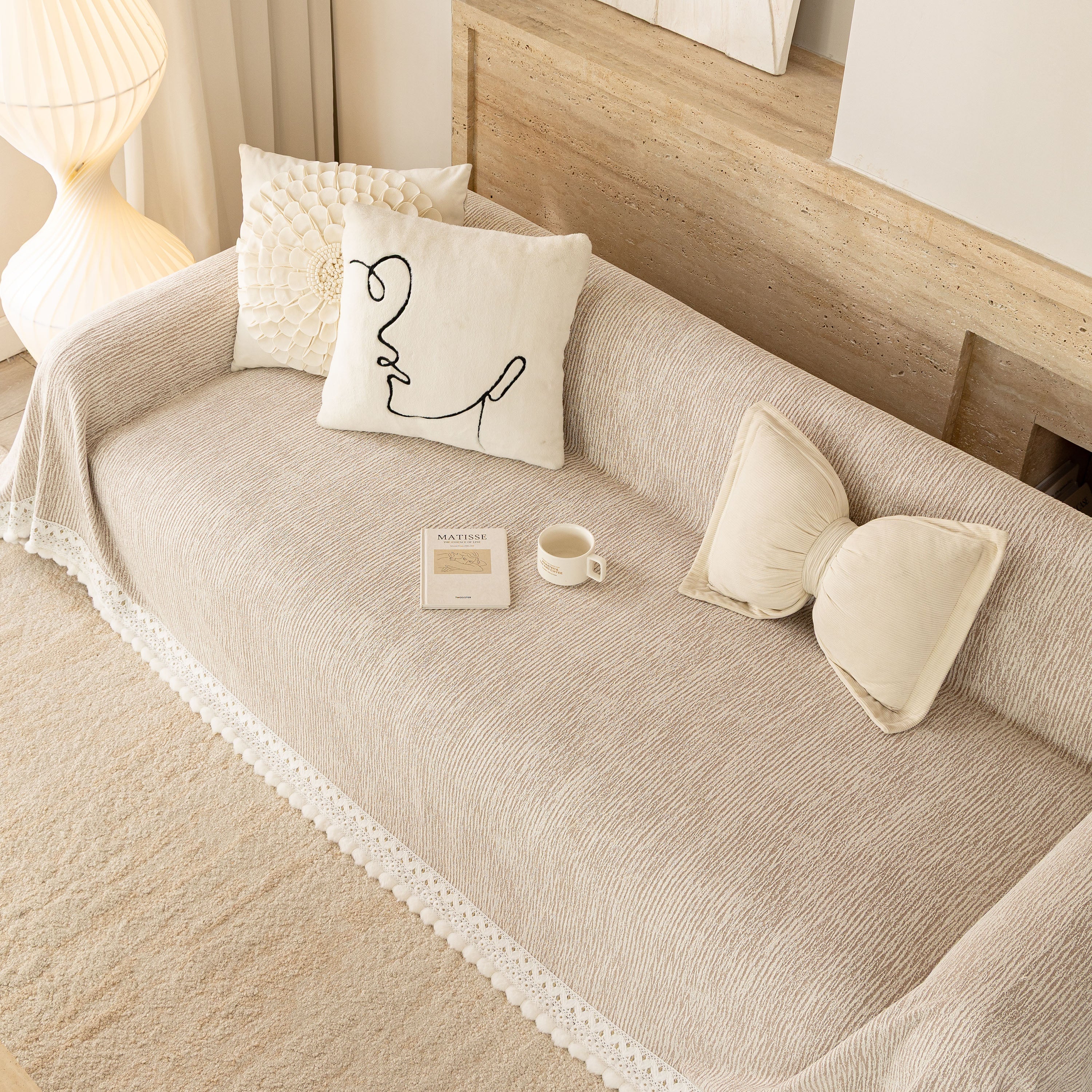 Sofa Cover Throw with Lace Trim & Pom-Pom Fringe, Decorative Couch Cover Blanket - Image 47