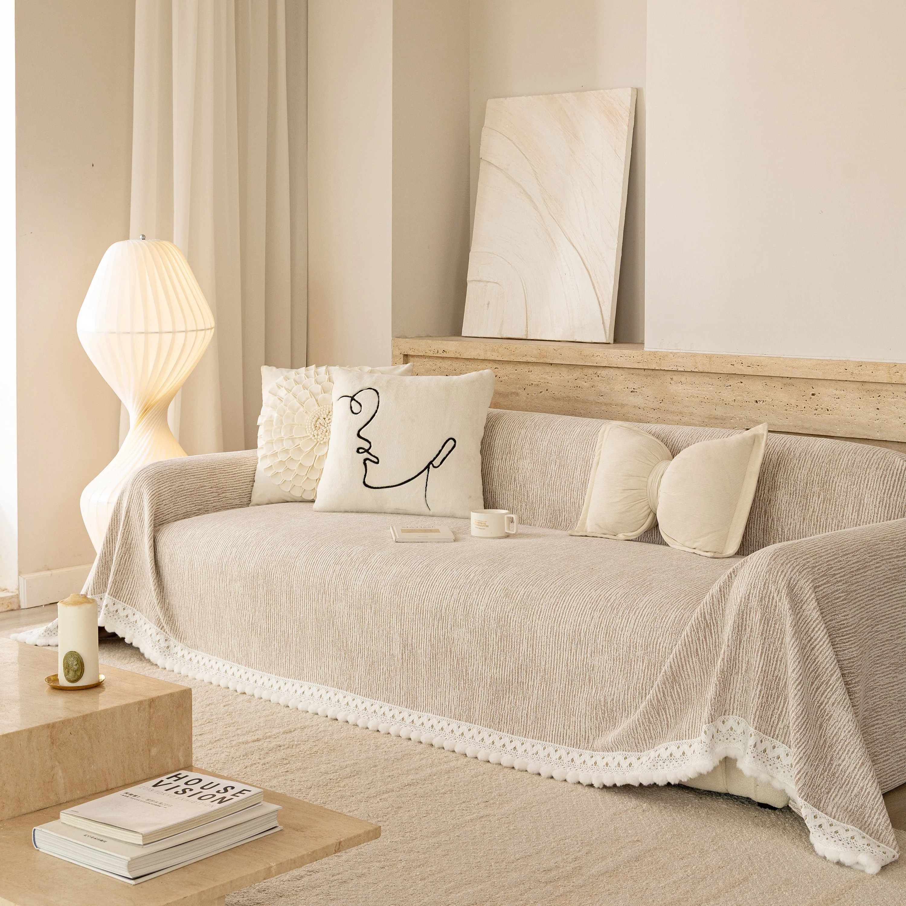 Sofa Cover Throw with Lace Trim & Pom-Pom Fringe, Decorative Couch Cover Blanket - Image 49