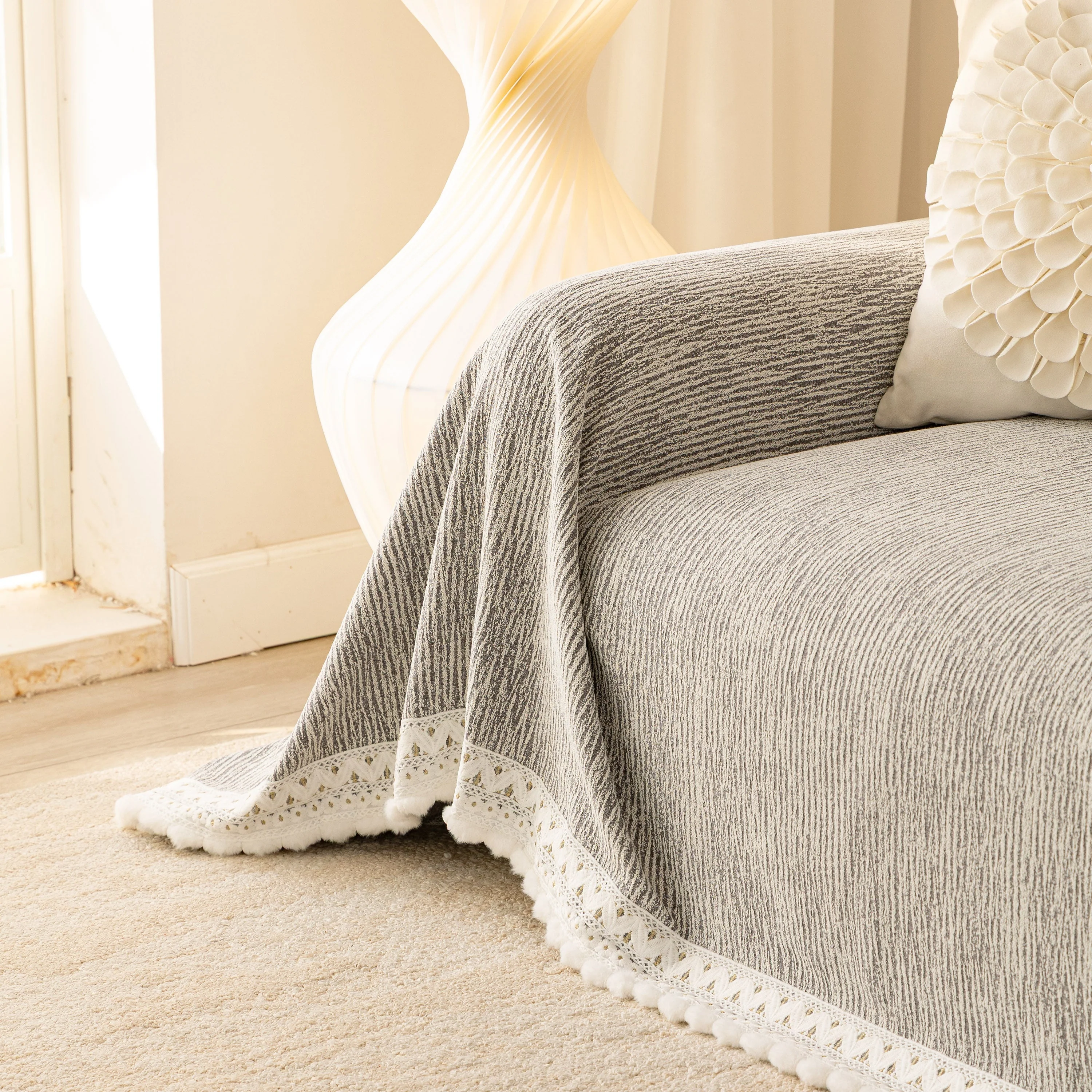 Sofa Cover Throw with Lace Trim & Pom-Pom Fringe, Decorative Couch Cover Blanket - Image 5