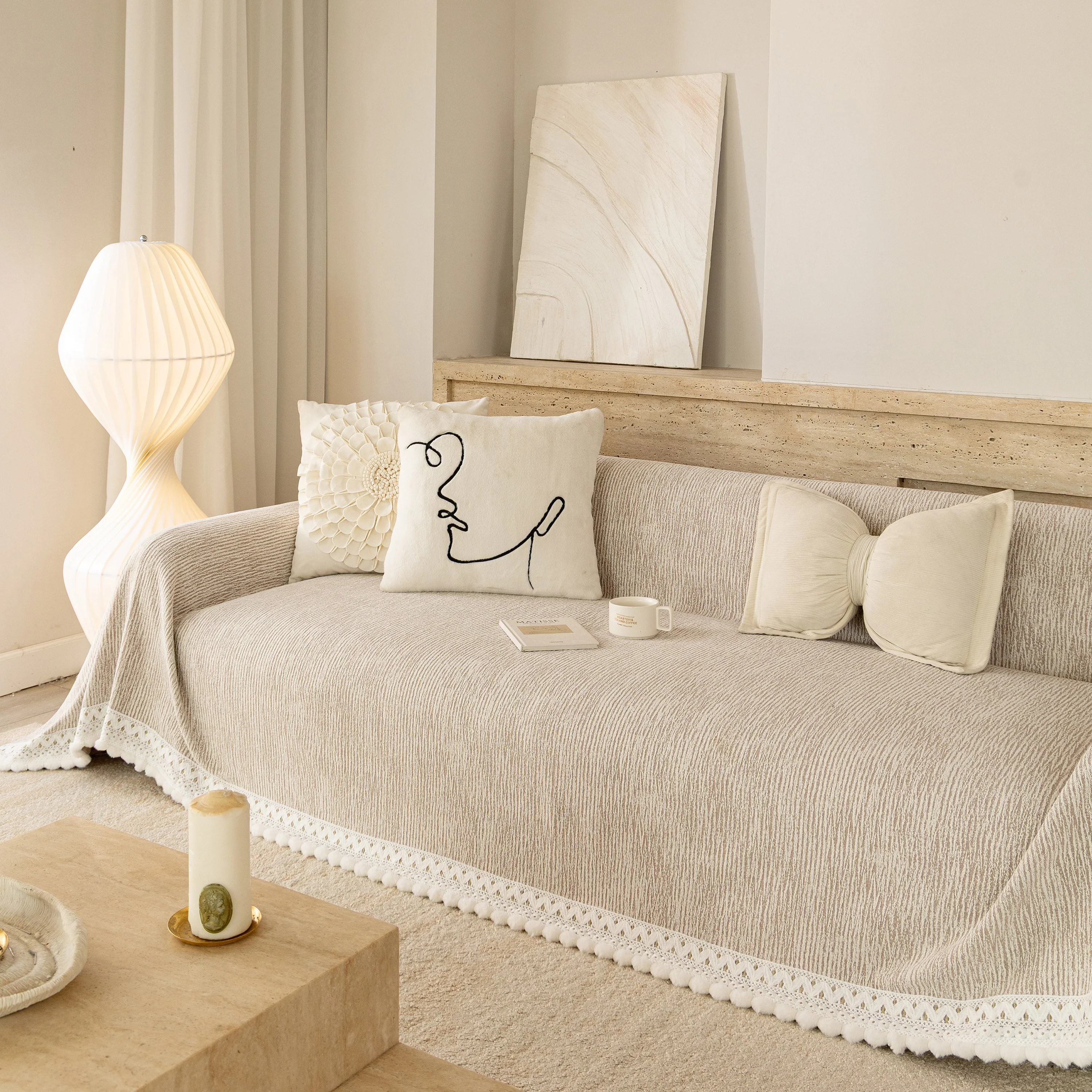 Sofa Cover Throw with Lace Trim & Pom-Pom Fringe, Decorative Couch Cover Blanket - Image 50