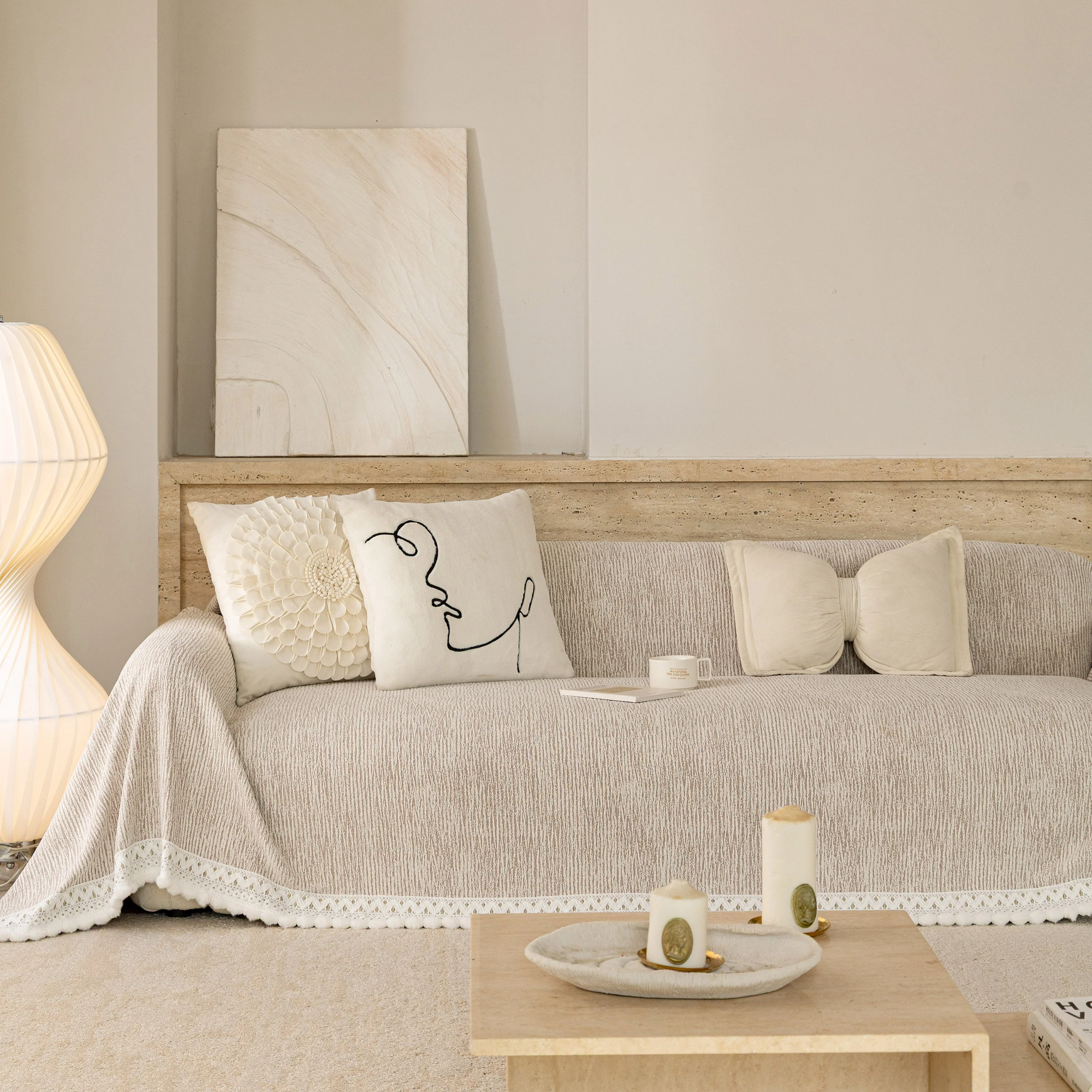 Sofa Cover Throw with Lace Trim & Pom-Pom Fringe, Decorative Couch Cover Blanket - Image 51