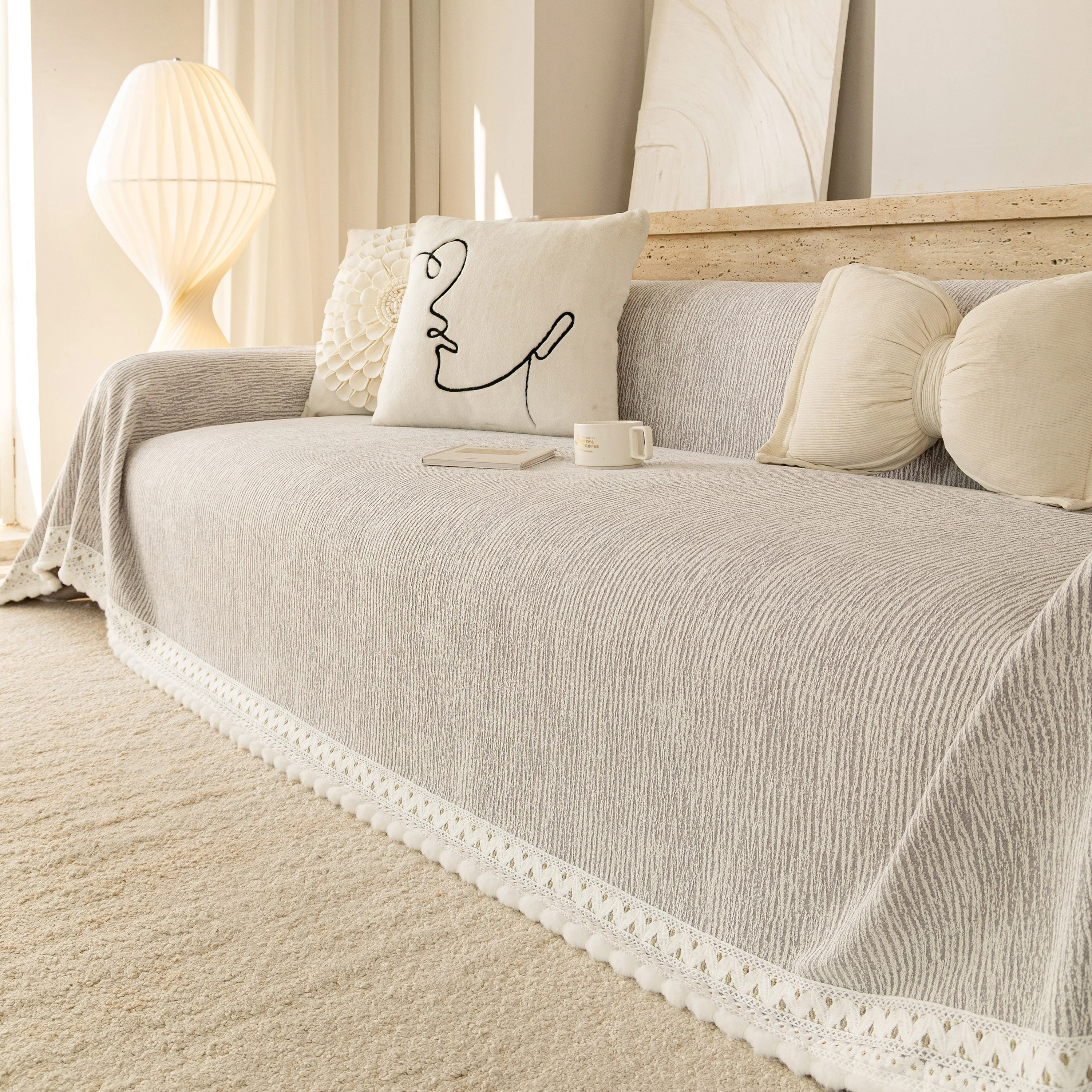 Sofa Cover Throw with Lace Trim & Pom-Pom Fringe, Decorative Couch Cover Blanket - Image 52