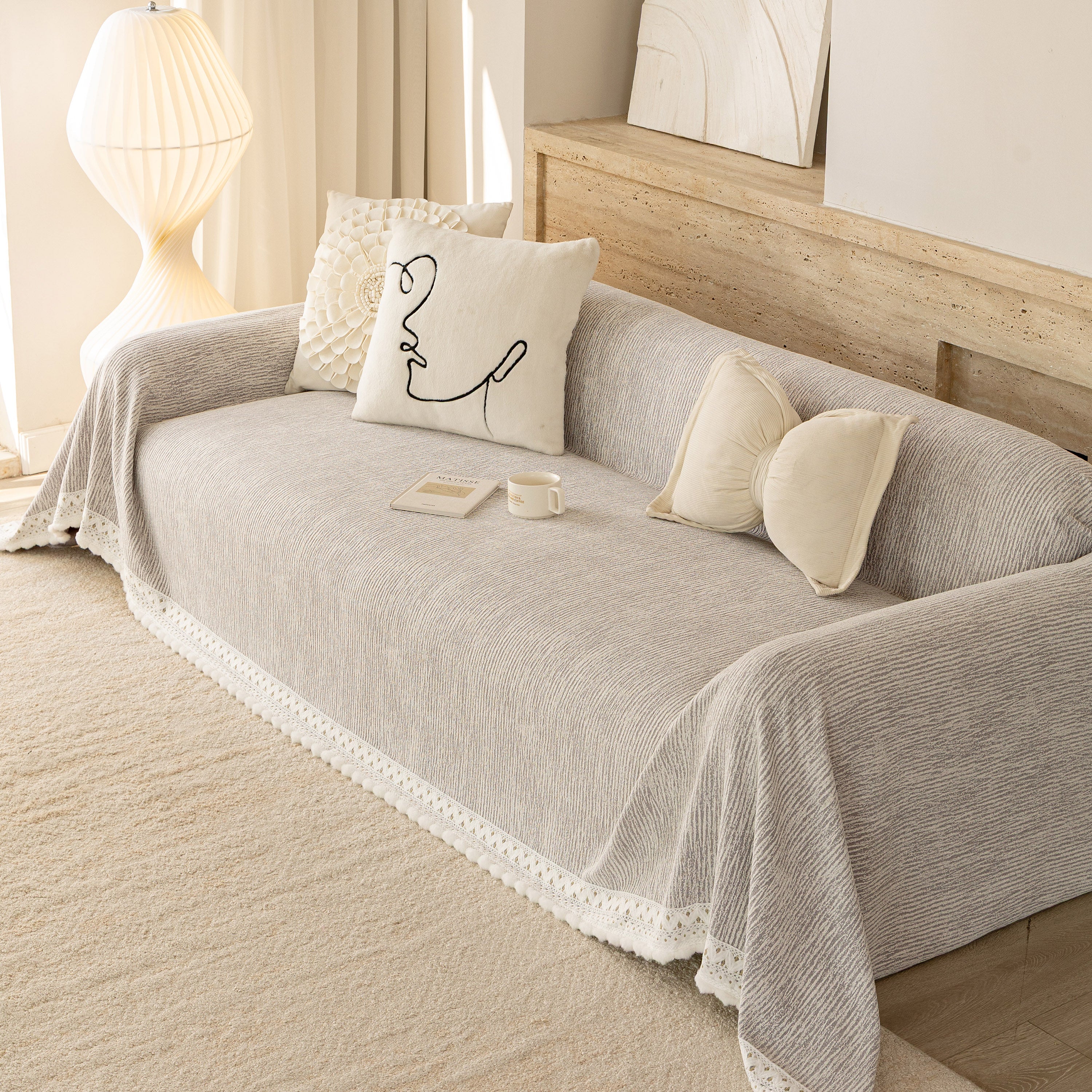 Sofa Cover Throw with Lace Trim & Pom-Pom Fringe, Decorative Couch Cover Blanket - Image 53