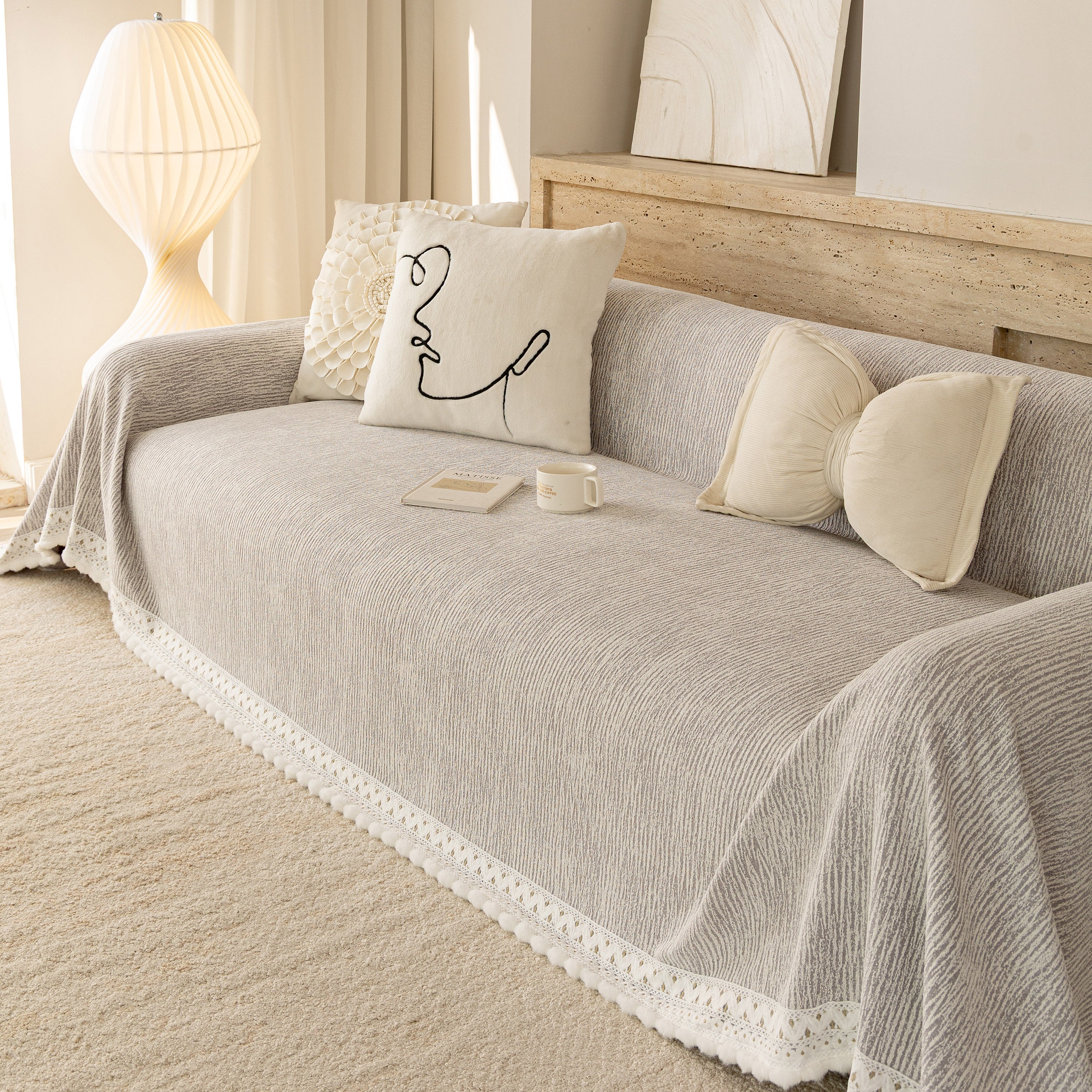 Sofa Cover Throw with Lace Trim & Pom-Pom Fringe, Decorative Couch Cover Blanket - Image 54