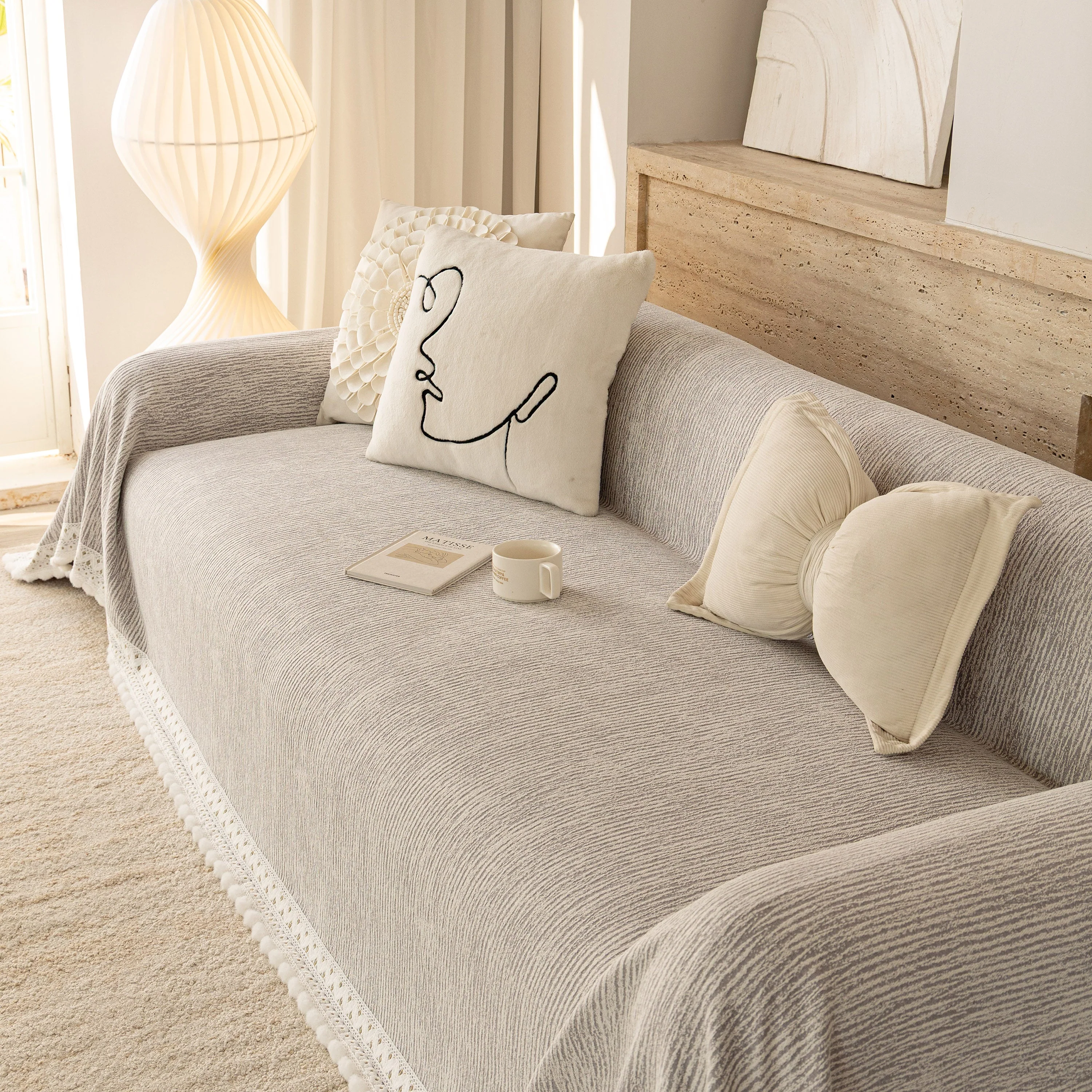 Sofa Cover Throw with Lace Trim & Pom-Pom Fringe, Decorative Couch Cover Blanket - Image 55