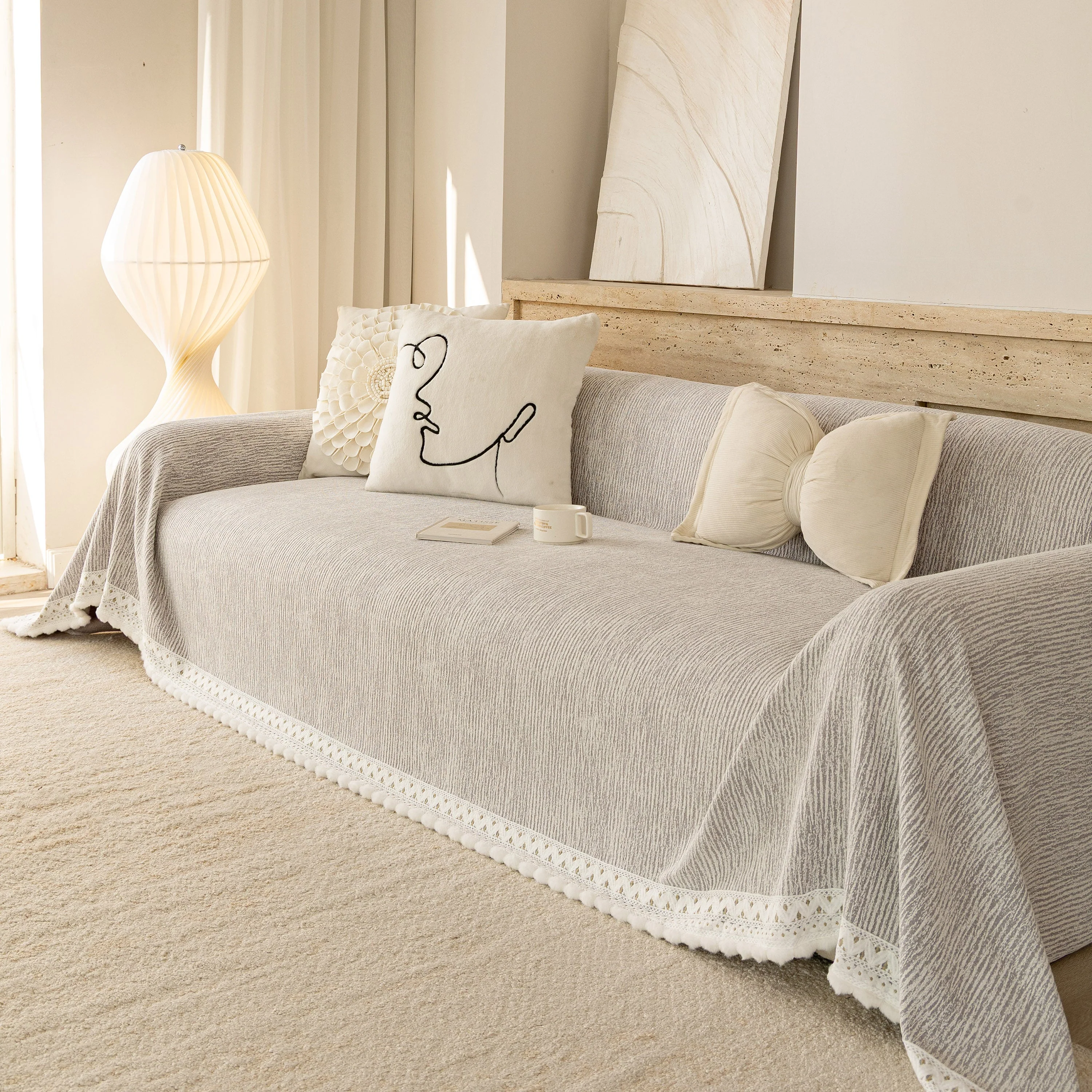 Sofa Cover Throw with Lace Trim & Pom-Pom Fringe, Decorative Couch Cover Blanket - Image 56