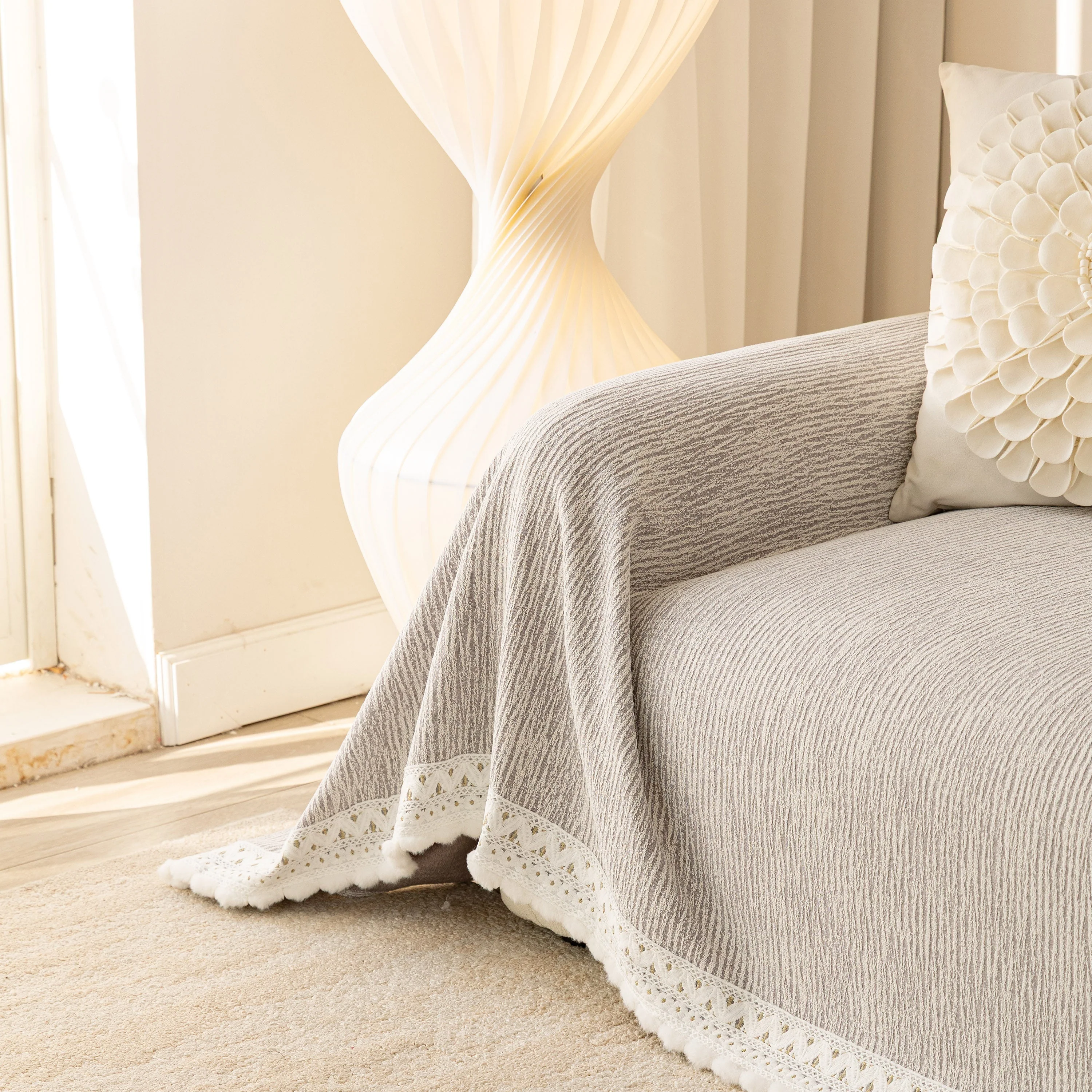 Sofa Cover Throw with Lace Trim & Pom-Pom Fringe, Decorative Couch Cover Blanket - Image 57
