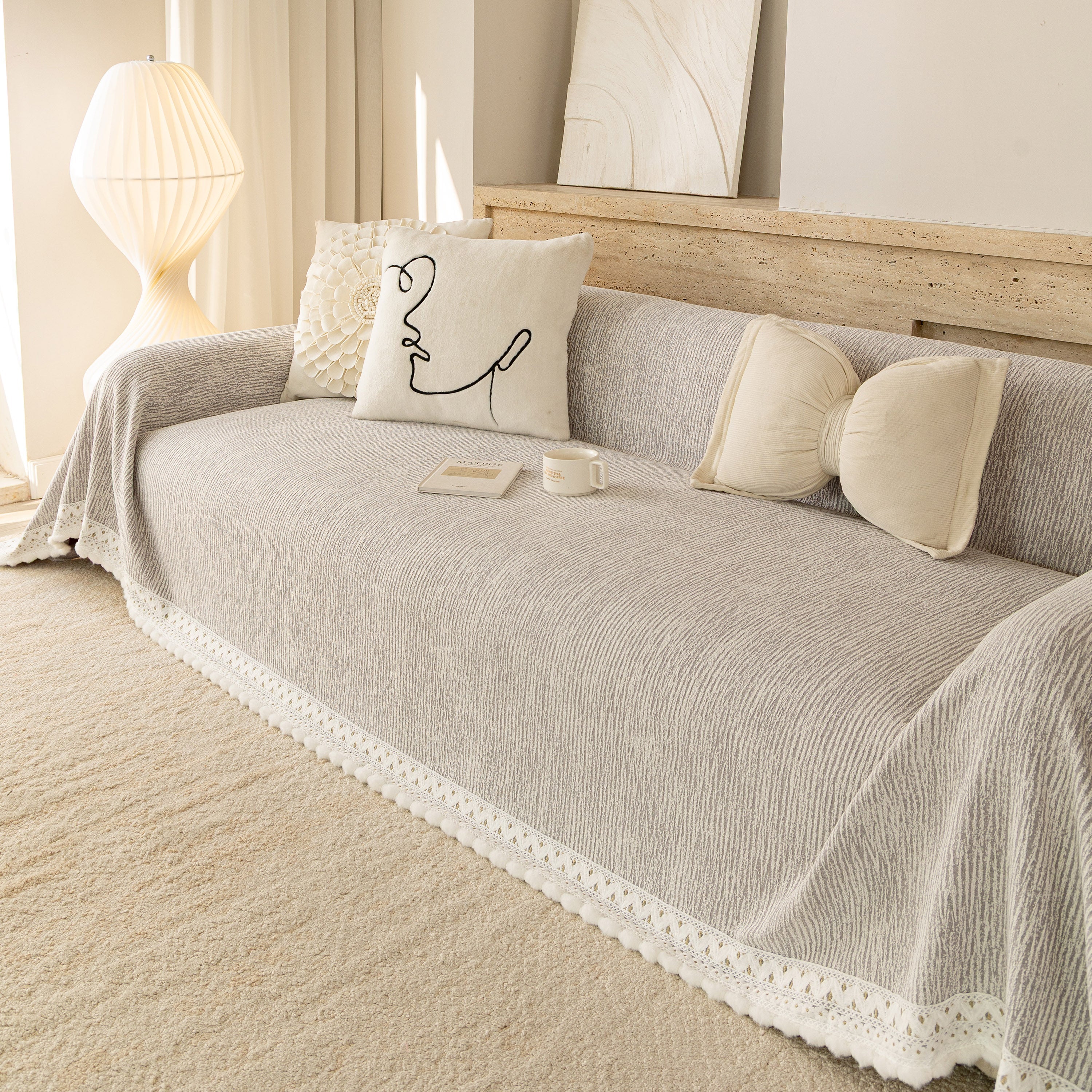 Sofa Cover Throw with Lace Trim & Pom-Pom Fringe, Decorative Couch Cover Blanket - Image 58