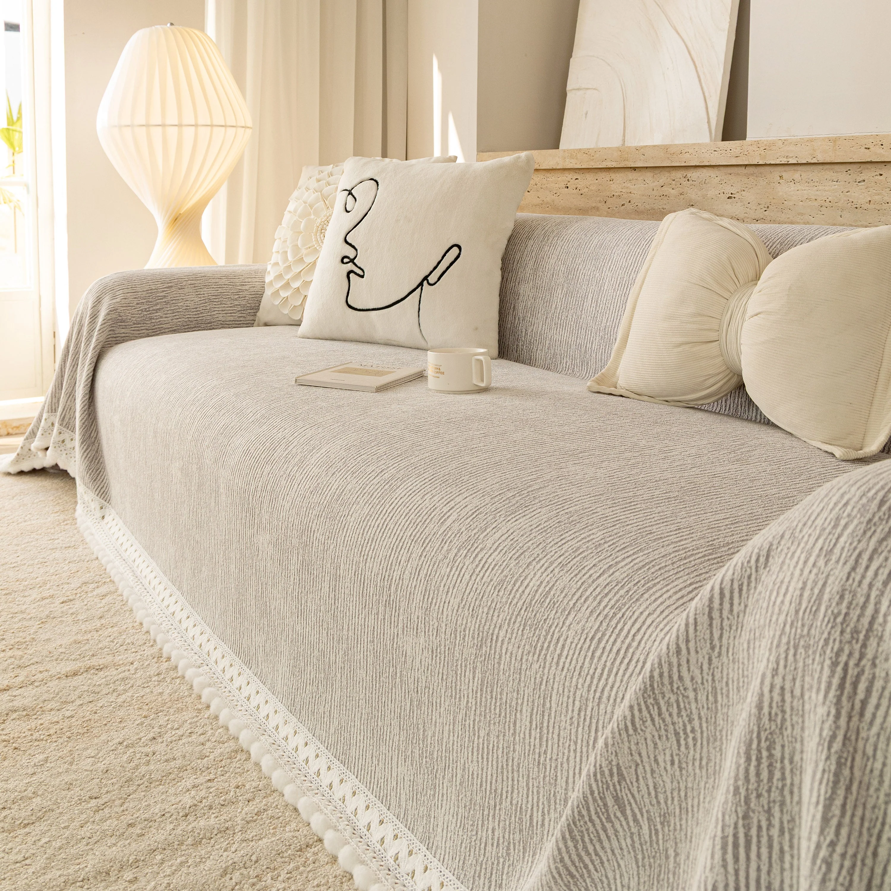 Sofa Cover Throw with Lace Trim & Pom-Pom Fringe, Decorative Couch Cover Blanket - Image 59