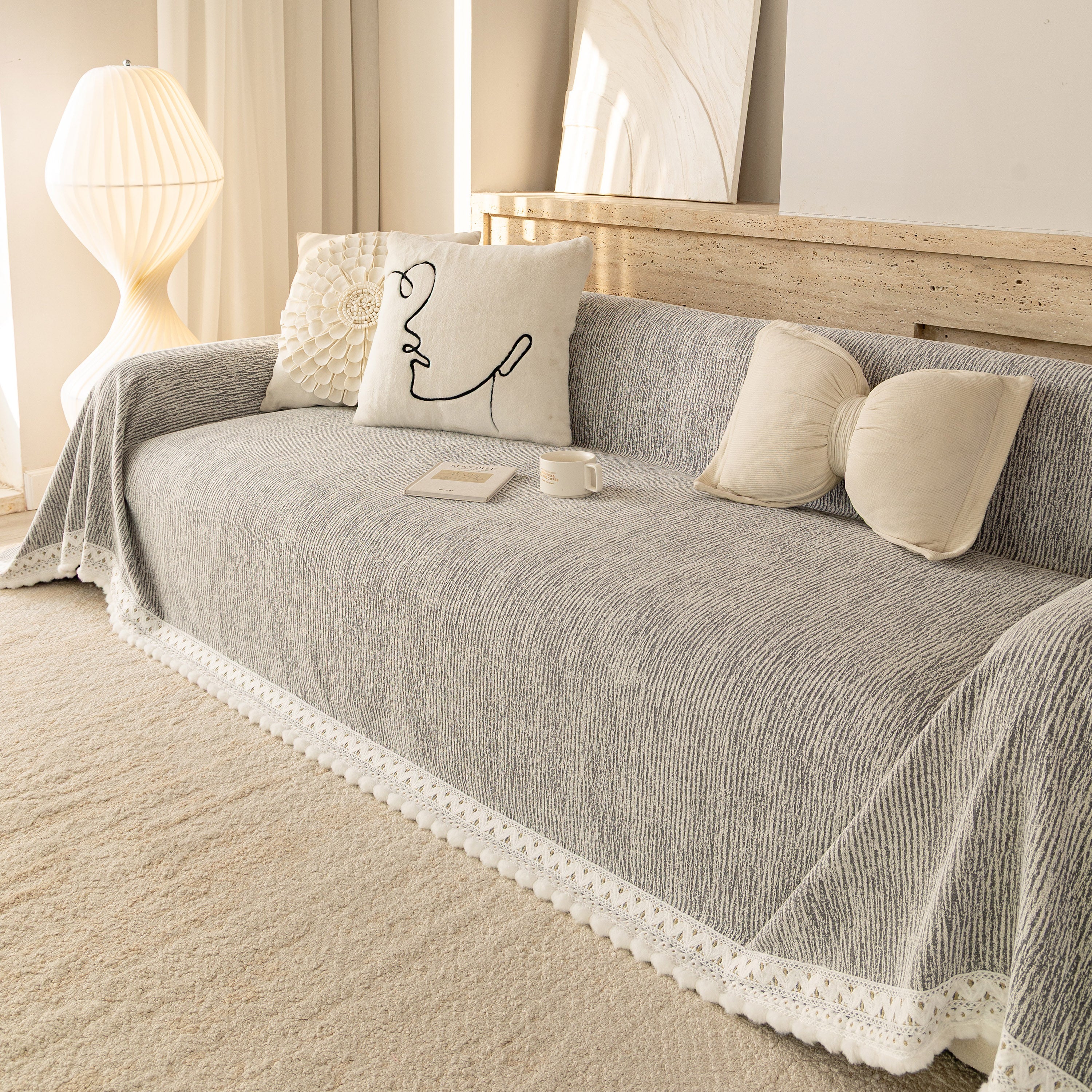 Sofa Cover Throw with Lace Trim & Pom-Pom Fringe, Decorative Couch Cover Blanket - Image 6