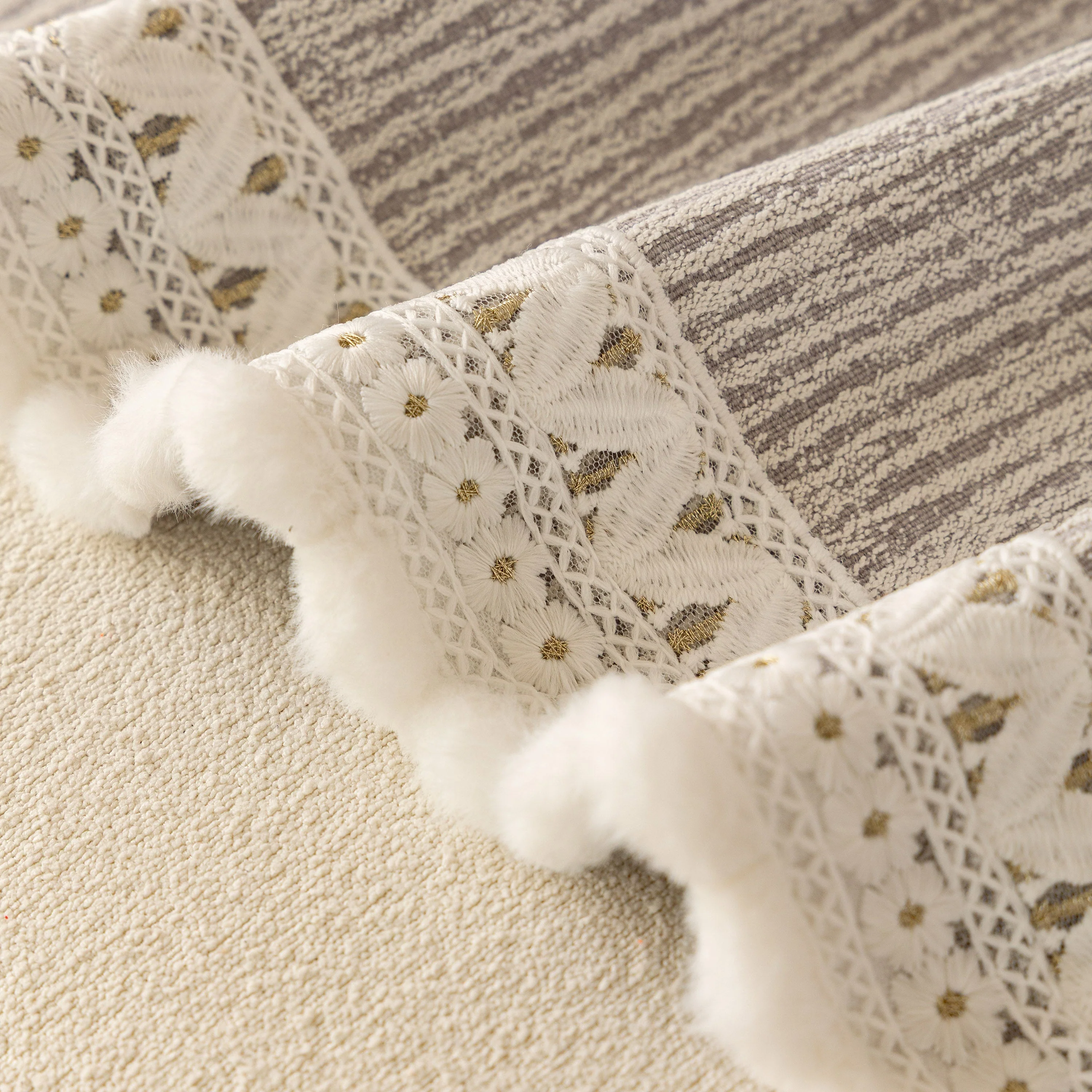 Sofa Cover Throw with Lace Trim & Pom-Pom Fringe, Decorative Couch Cover Blanket - Image 63