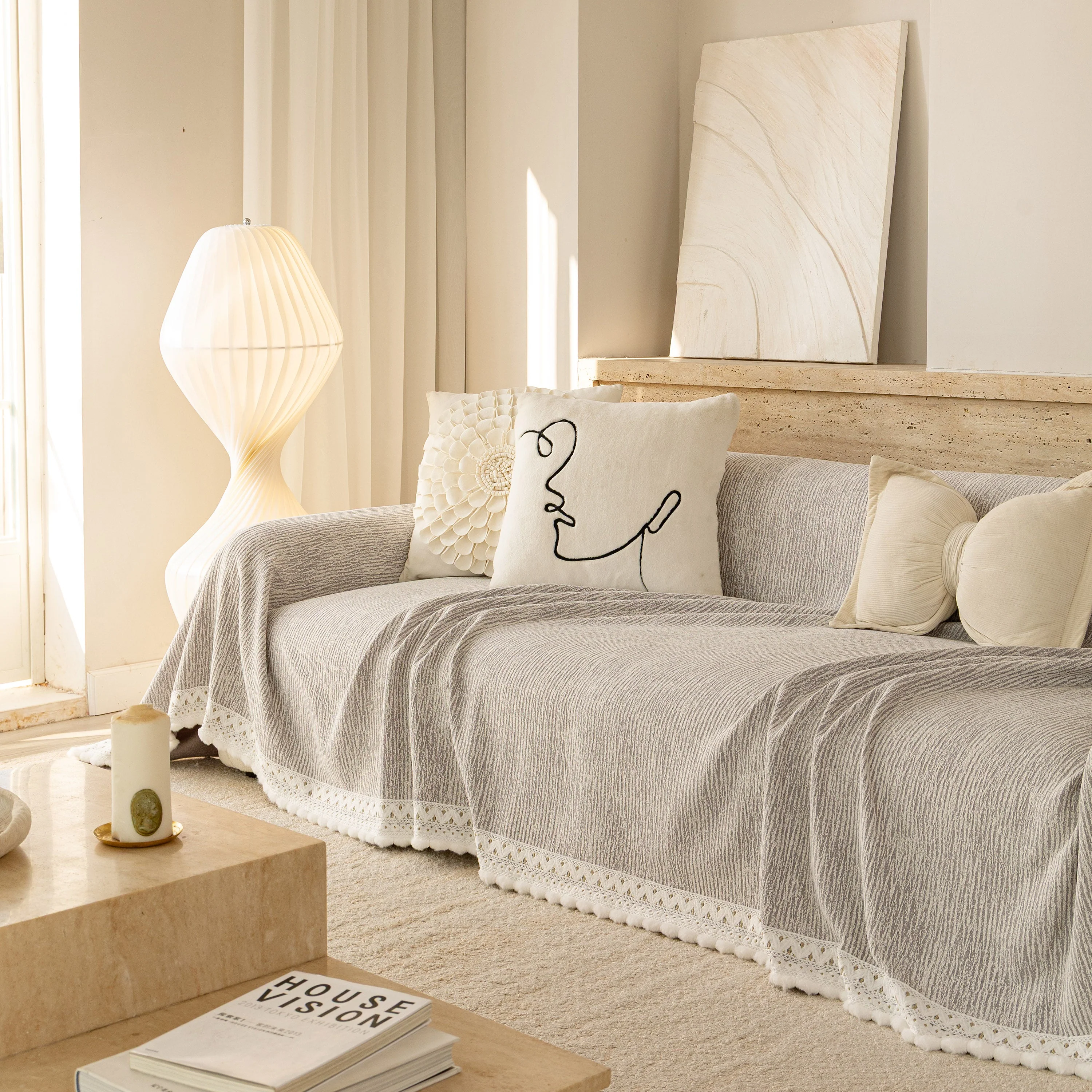 Sofa Cover Throw with Lace Trim & Pom-Pom Fringe, Decorative Couch Cover Blanket - Image 64