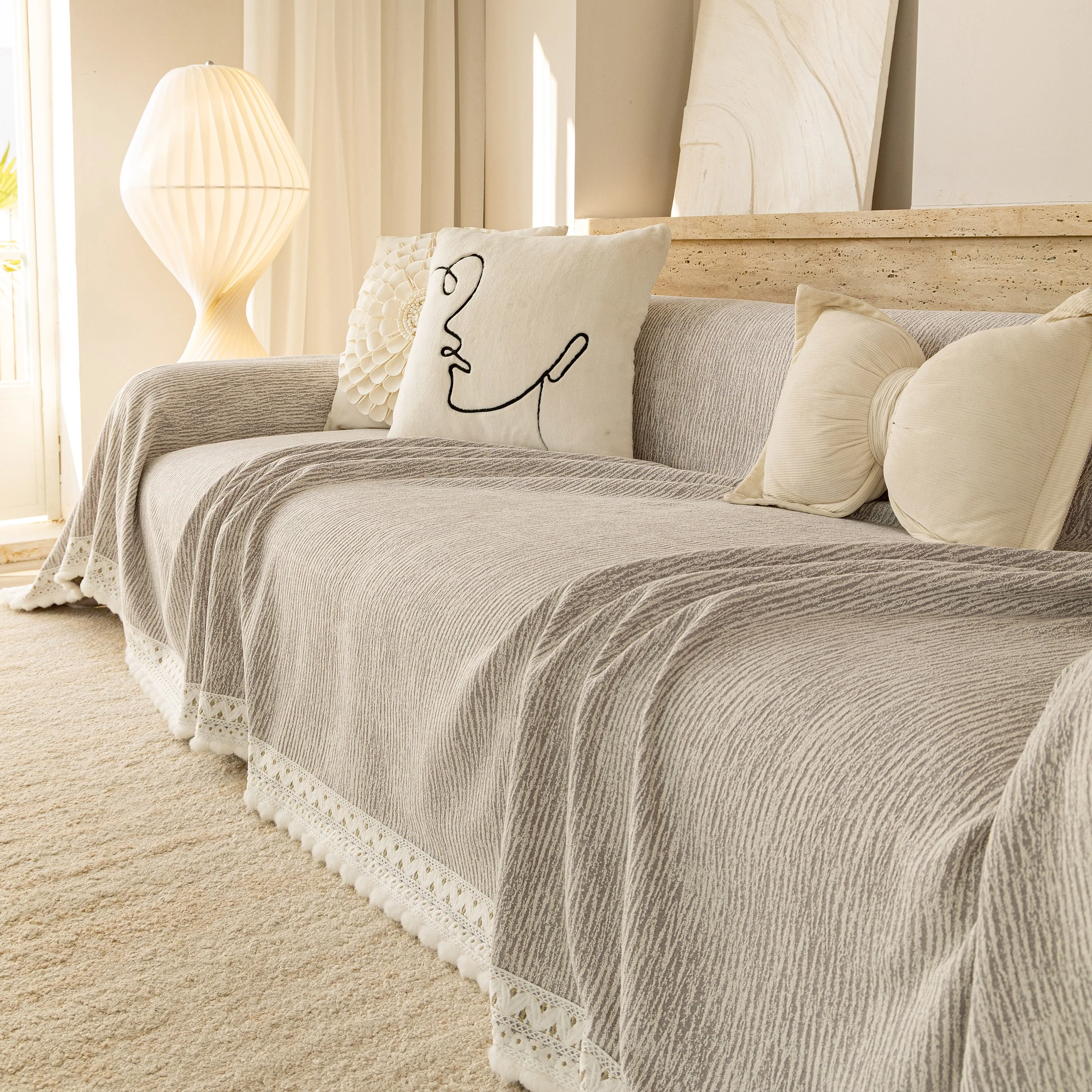 Sofa Cover Throw with Lace Trim & Pom-Pom Fringe, Decorative Couch Cover Blanket - Image 65