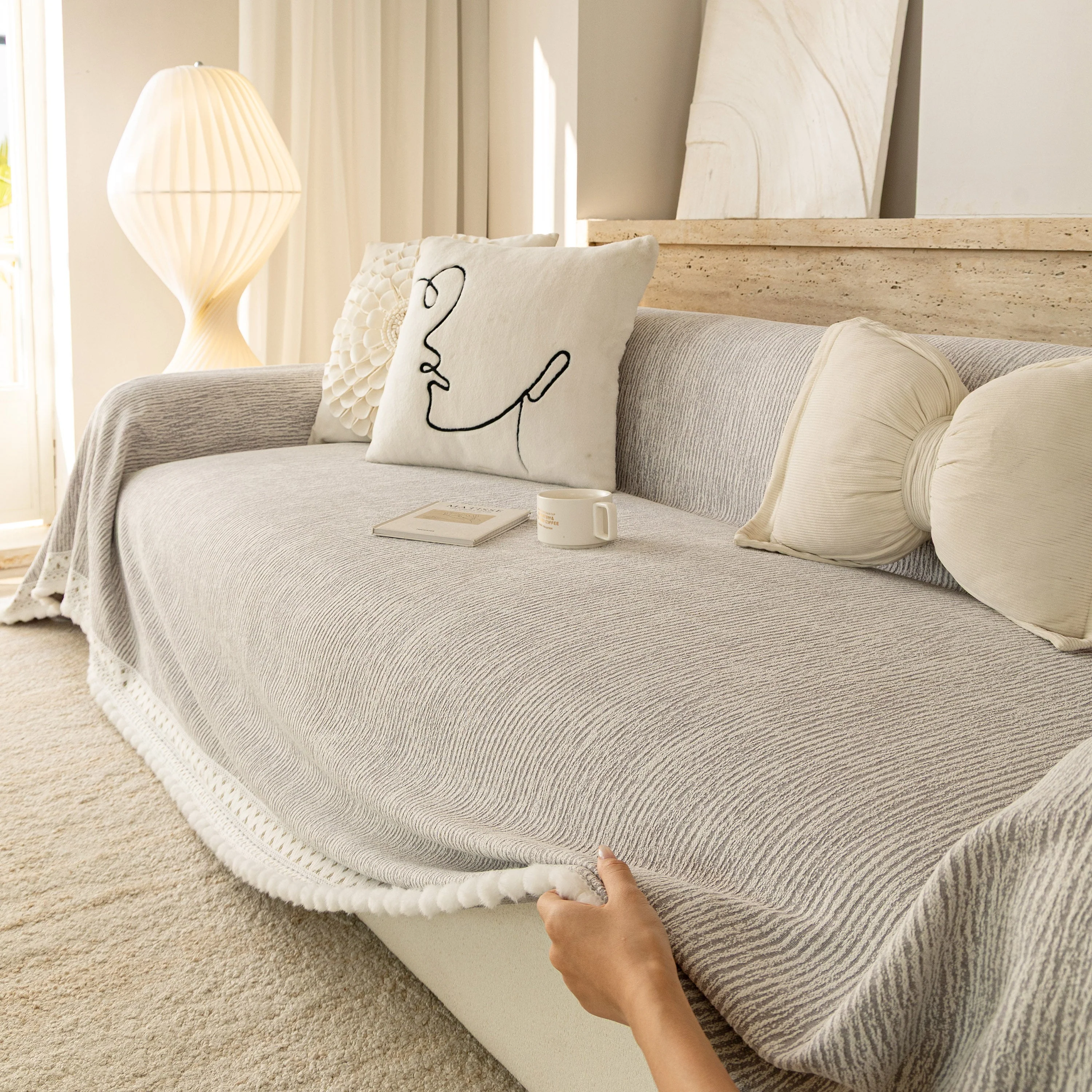 Sofa Cover Throw with Lace Trim & Pom-Pom Fringe, Decorative Couch Cover Blanket - Image 66