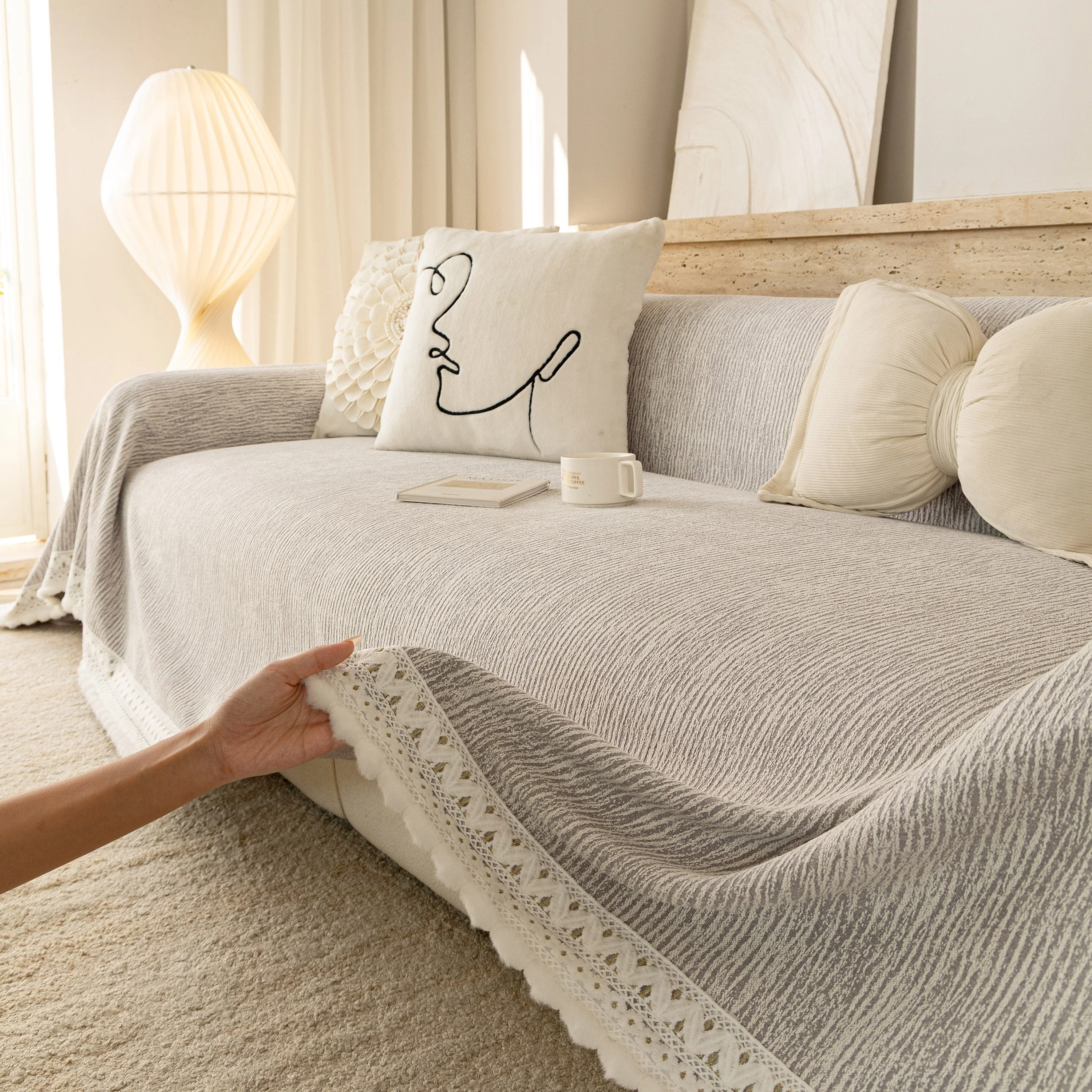 Sofa Cover Throw with Lace Trim & Pom-Pom Fringe, Decorative Couch Cover Blanket - Image 67