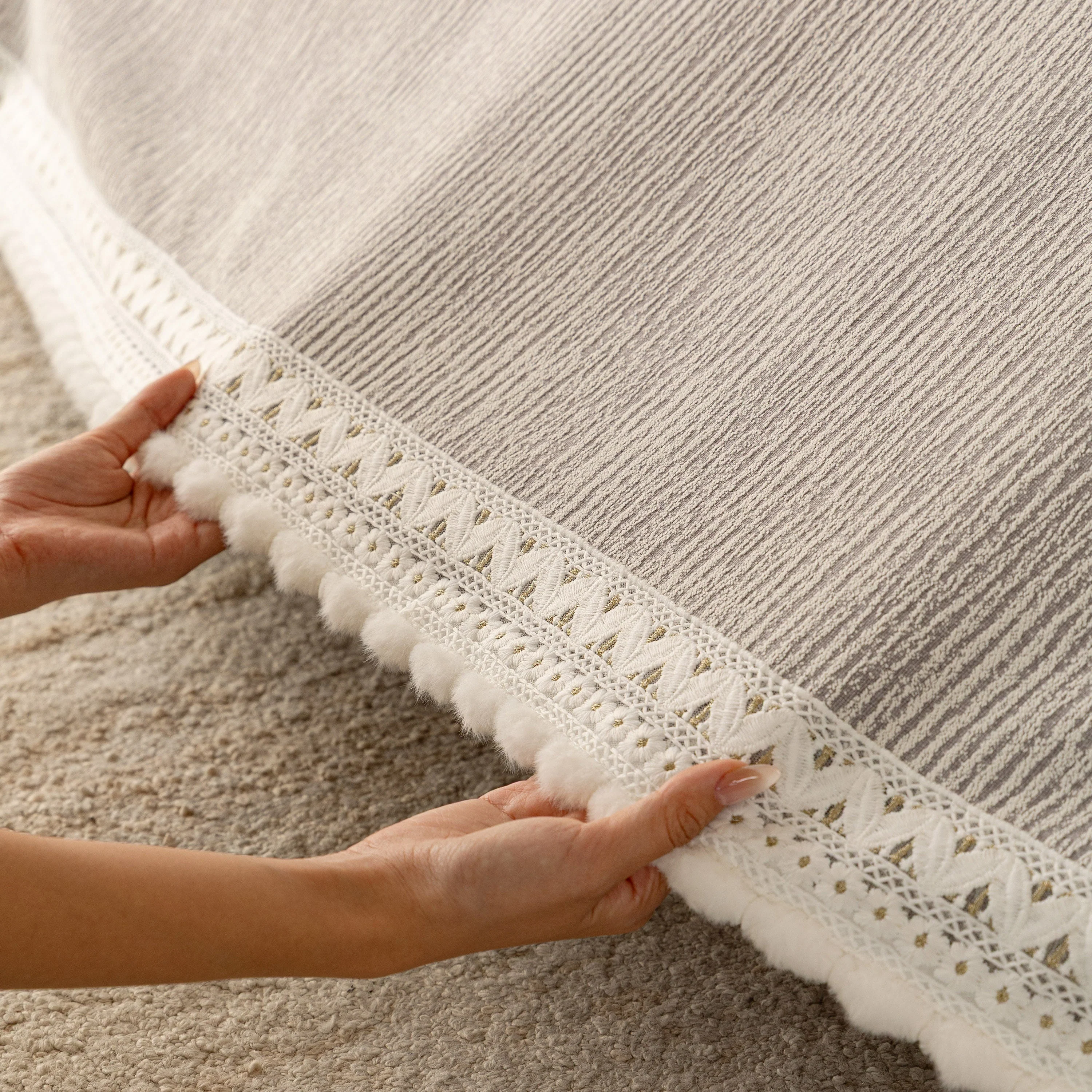 Sofa Cover Throw with Lace Trim & Pom-Pom Fringe, Decorative Couch Cover Blanket - Image 68