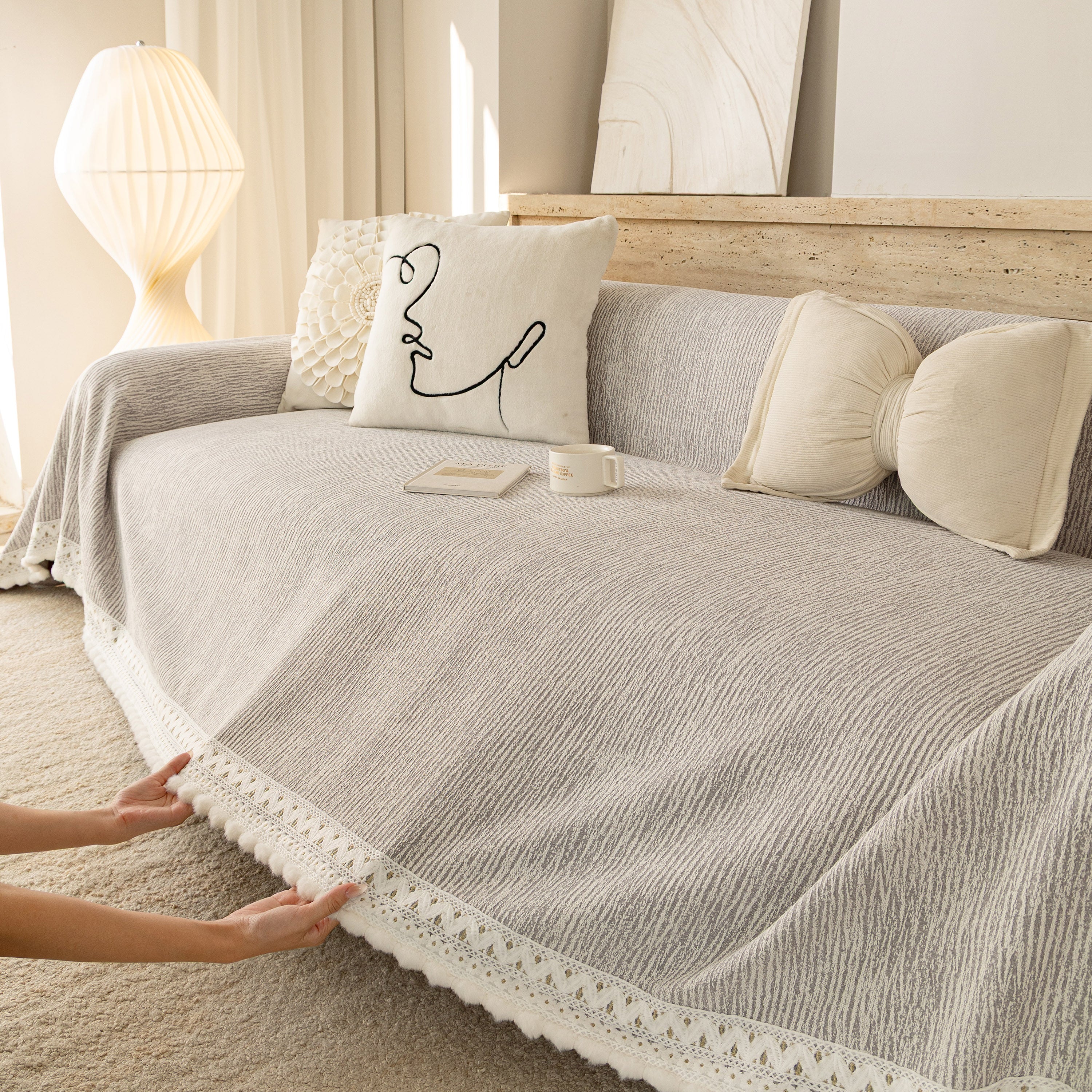 Sofa Cover Throw with Lace Trim & Pom-Pom Fringe, Decorative Couch Cover Blanket - Image 69