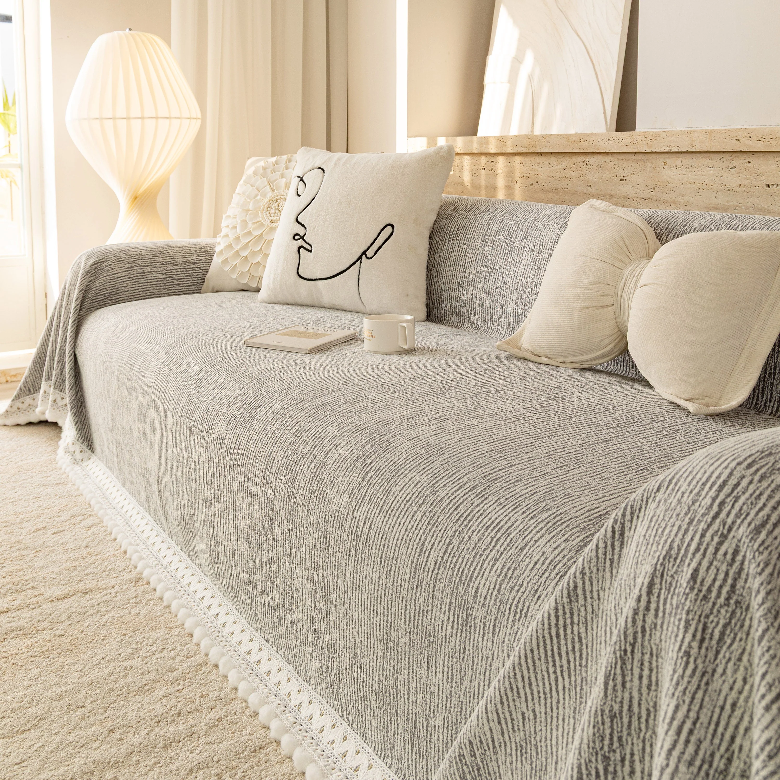 Sofa Cover Throw with Lace Trim & Pom-Pom Fringe, Decorative Couch Cover Blanket - Image 7