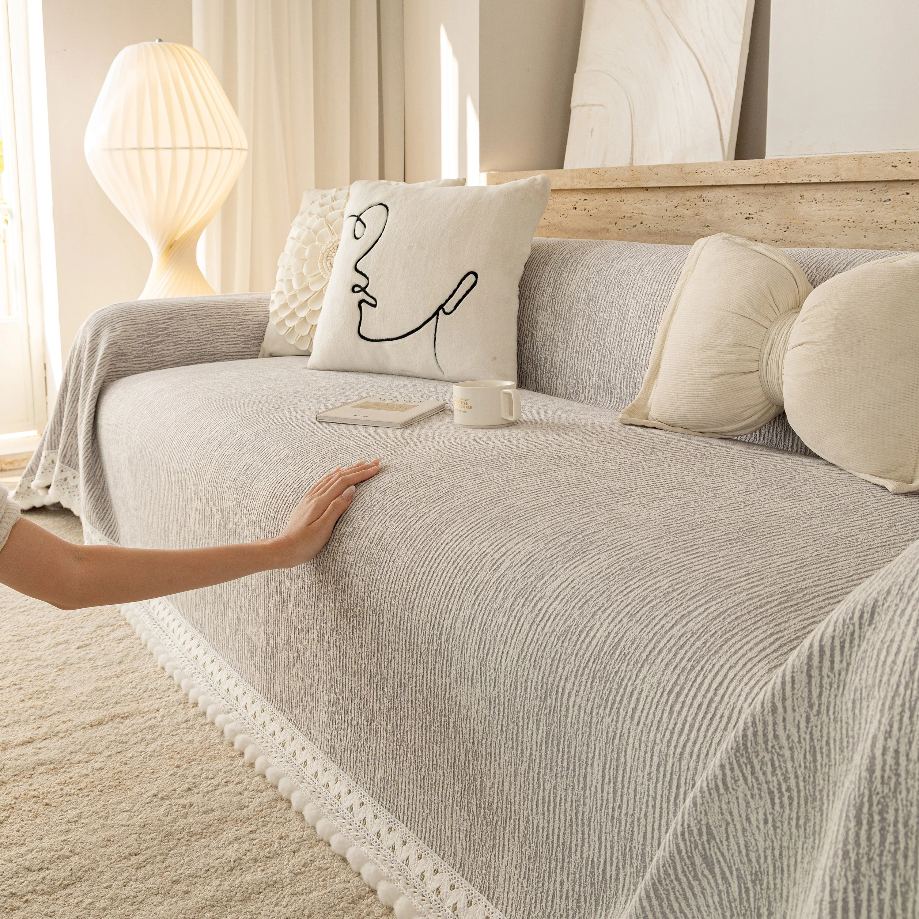 Sofa Cover Throw with Lace Trim & Pom-Pom Fringe, Decorative Couch Cover Blanket - Image 70
