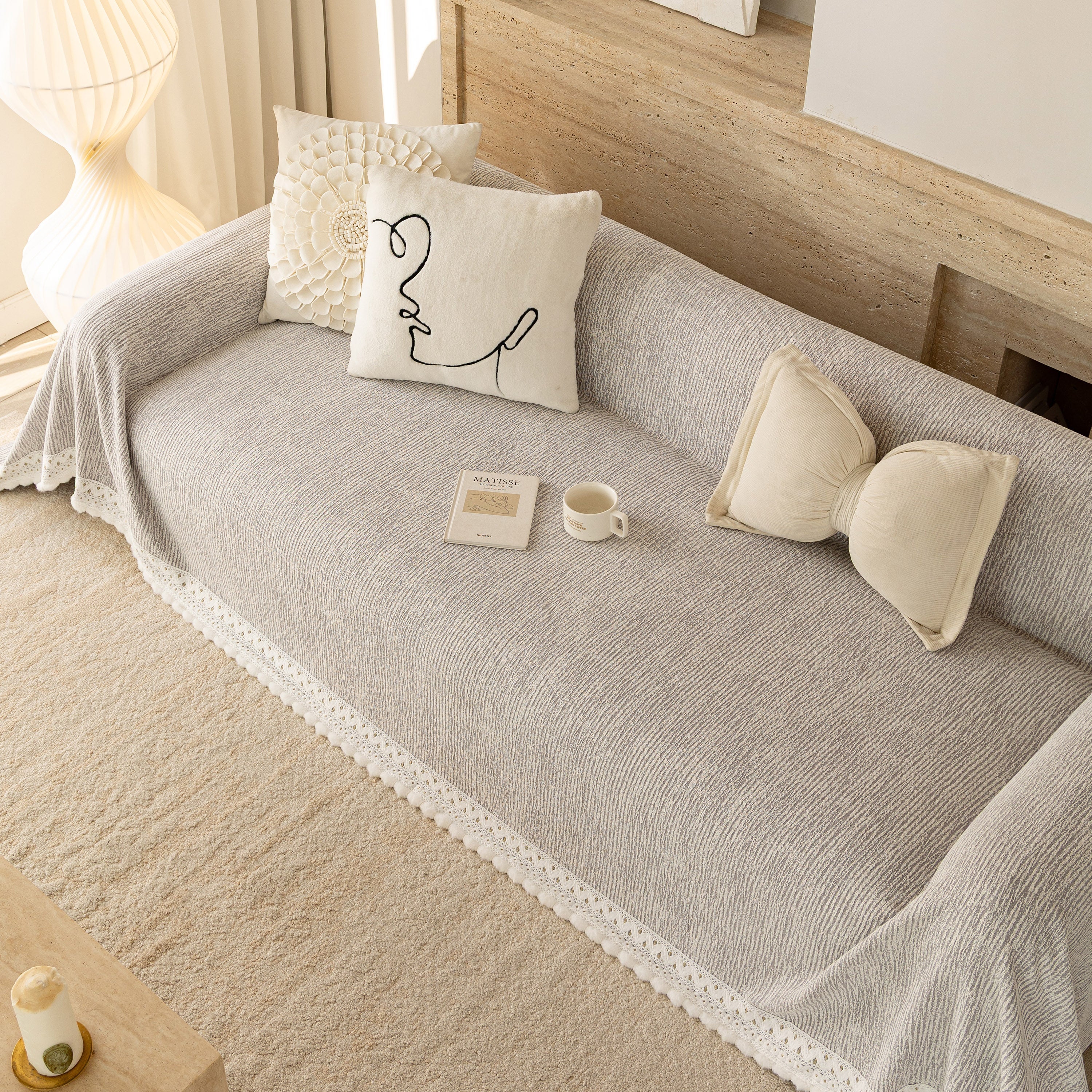 Sofa Cover Throw with Lace Trim & Pom-Pom Fringe, Decorative Couch Cover Blanket - Image 71