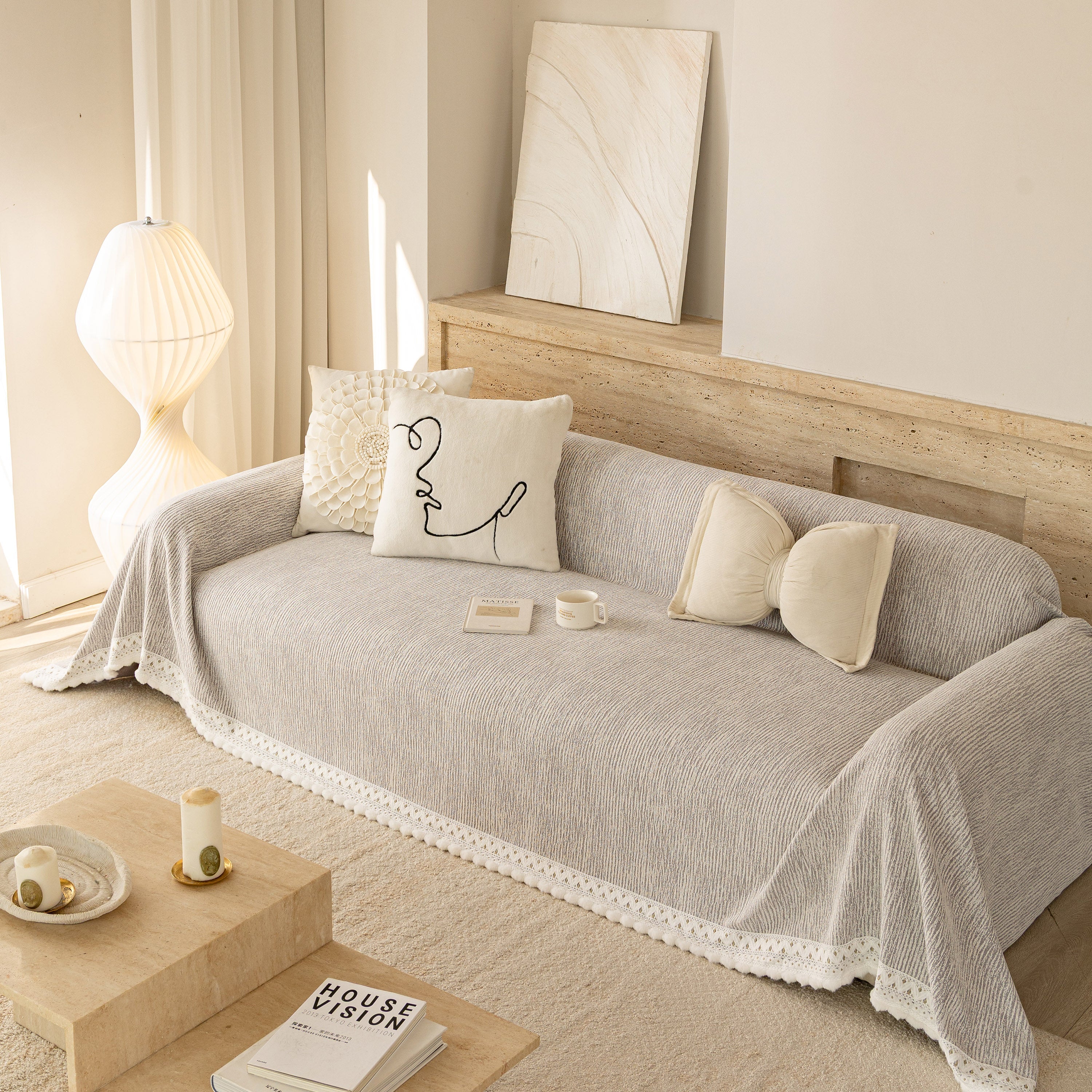 Sofa Cover Throw with Lace Trim & Pom-Pom Fringe, Decorative Couch Cover Blanket - Image 72