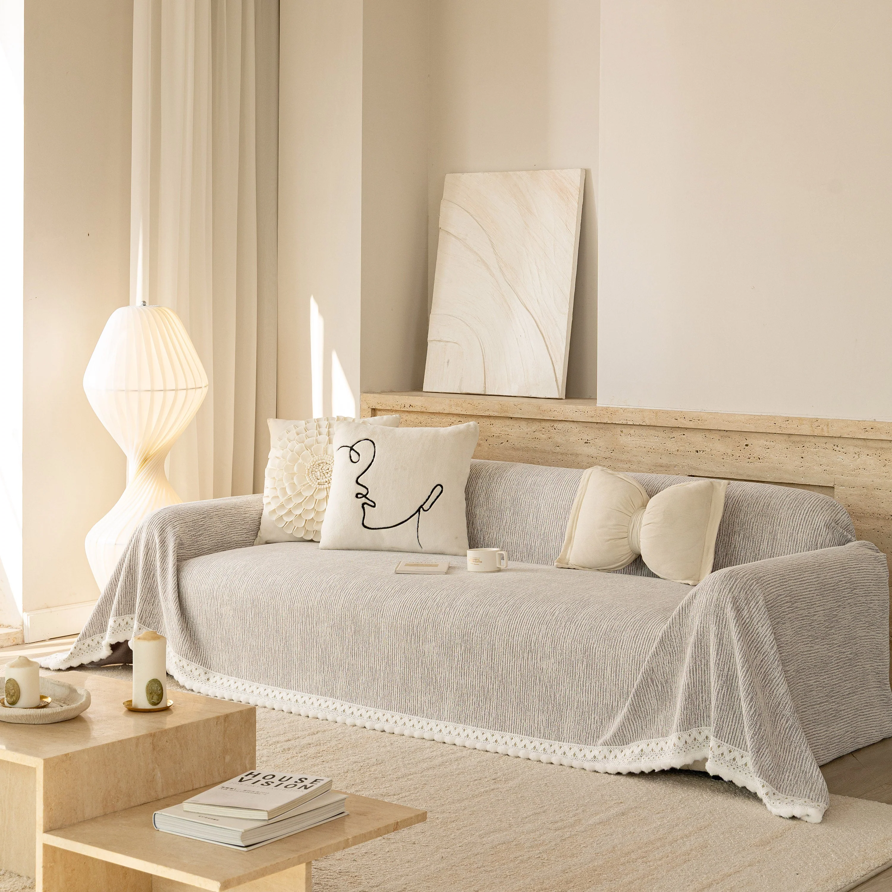 Sofa Cover Throw with Lace Trim & Pom-Pom Fringe, Decorative Couch Cover Blanket - Image 73