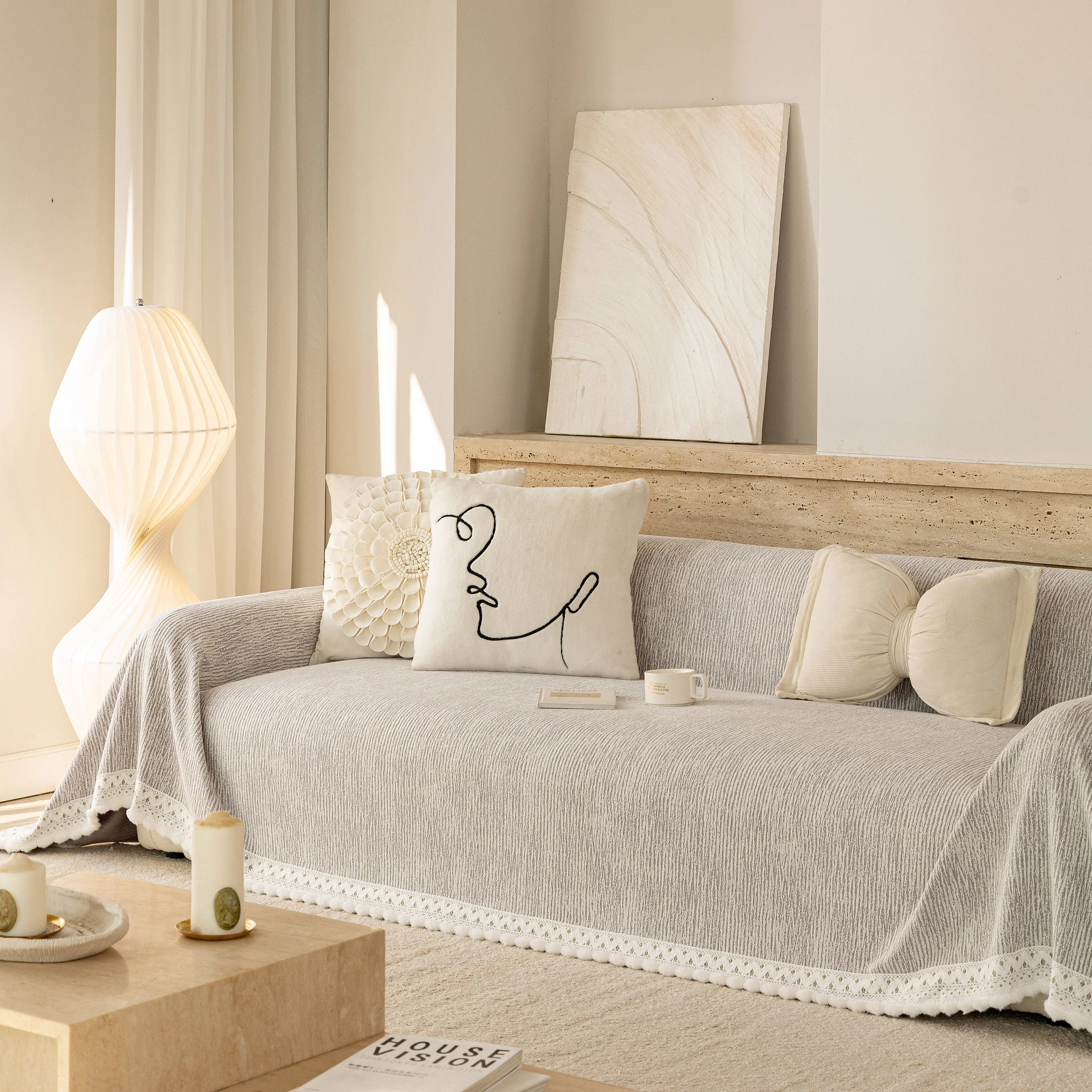Sofa Cover Throw with Lace Trim & Pom-Pom Fringe, Decorative Couch Cover Blanket - Image 74