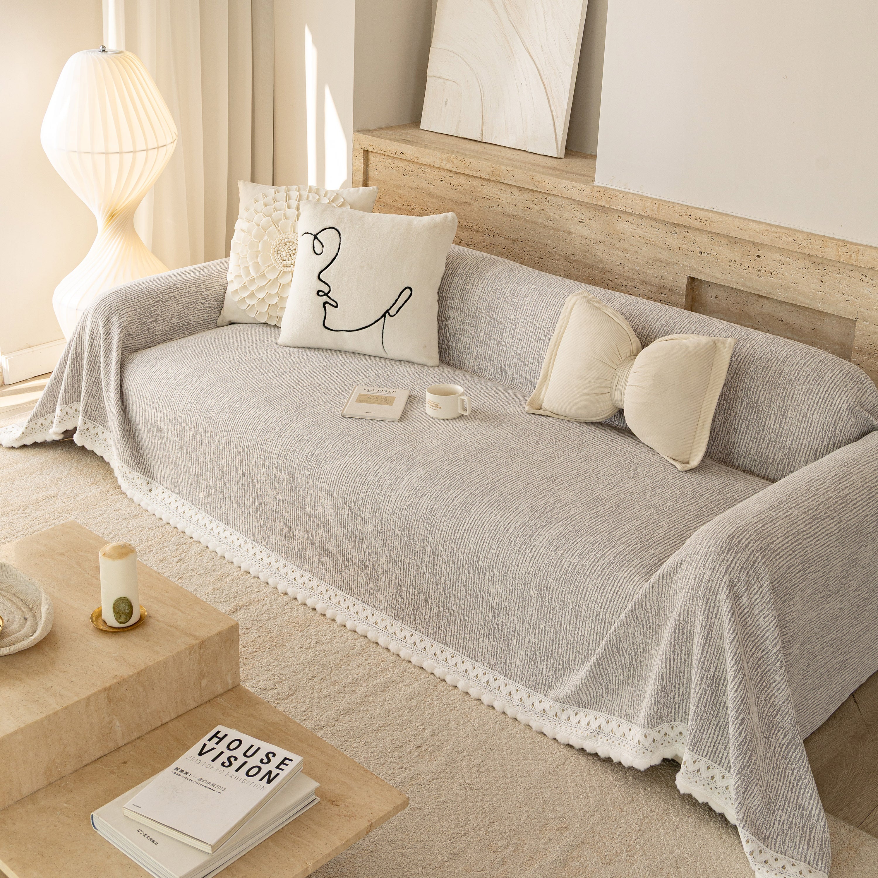 Sofa Cover Throw with Lace Trim & Pom-Pom Fringe, Decorative Couch Cover Blanket - Image 75