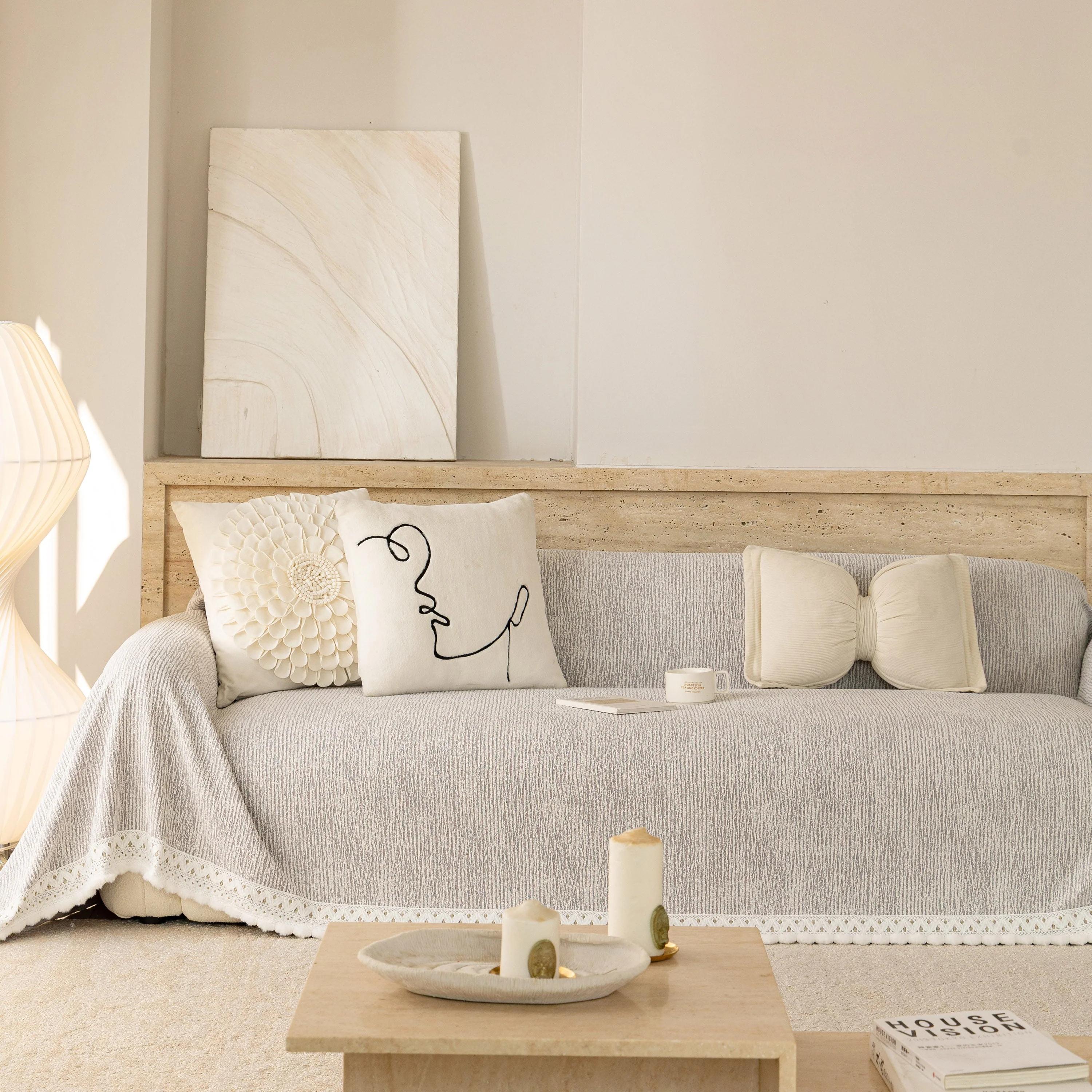 Sofa Cover Throw with Lace Trim & Pom-Pom Fringe, Decorative Couch Cover Blanket - Image 76