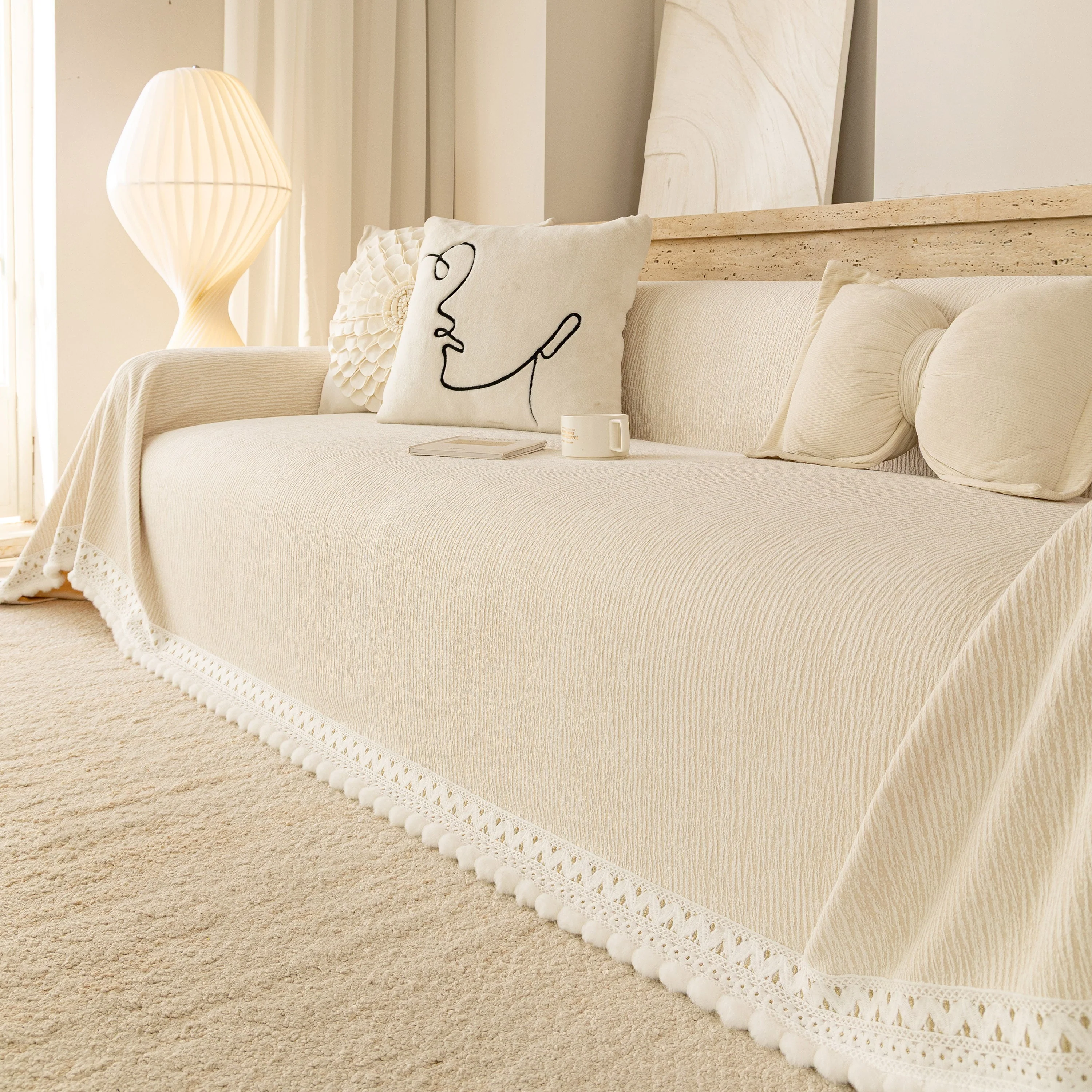 Sofa Cover Throw with Lace Trim & Pom-Pom Fringe, Decorative Couch Cover Blanket - Image 77