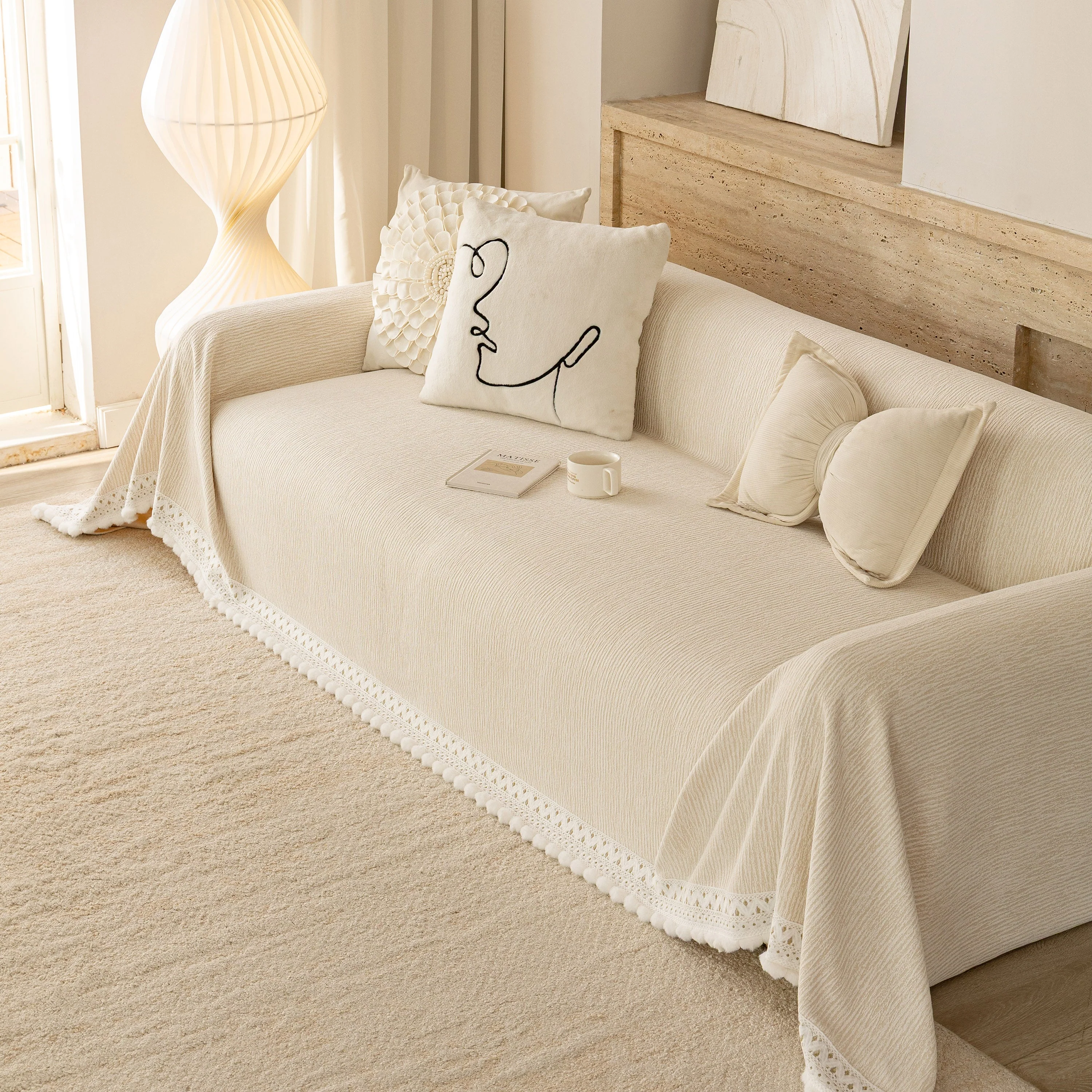 Sofa Cover Throw with Lace Trim & Pom-Pom Fringe, Decorative Couch Cover Blanket - Image 78