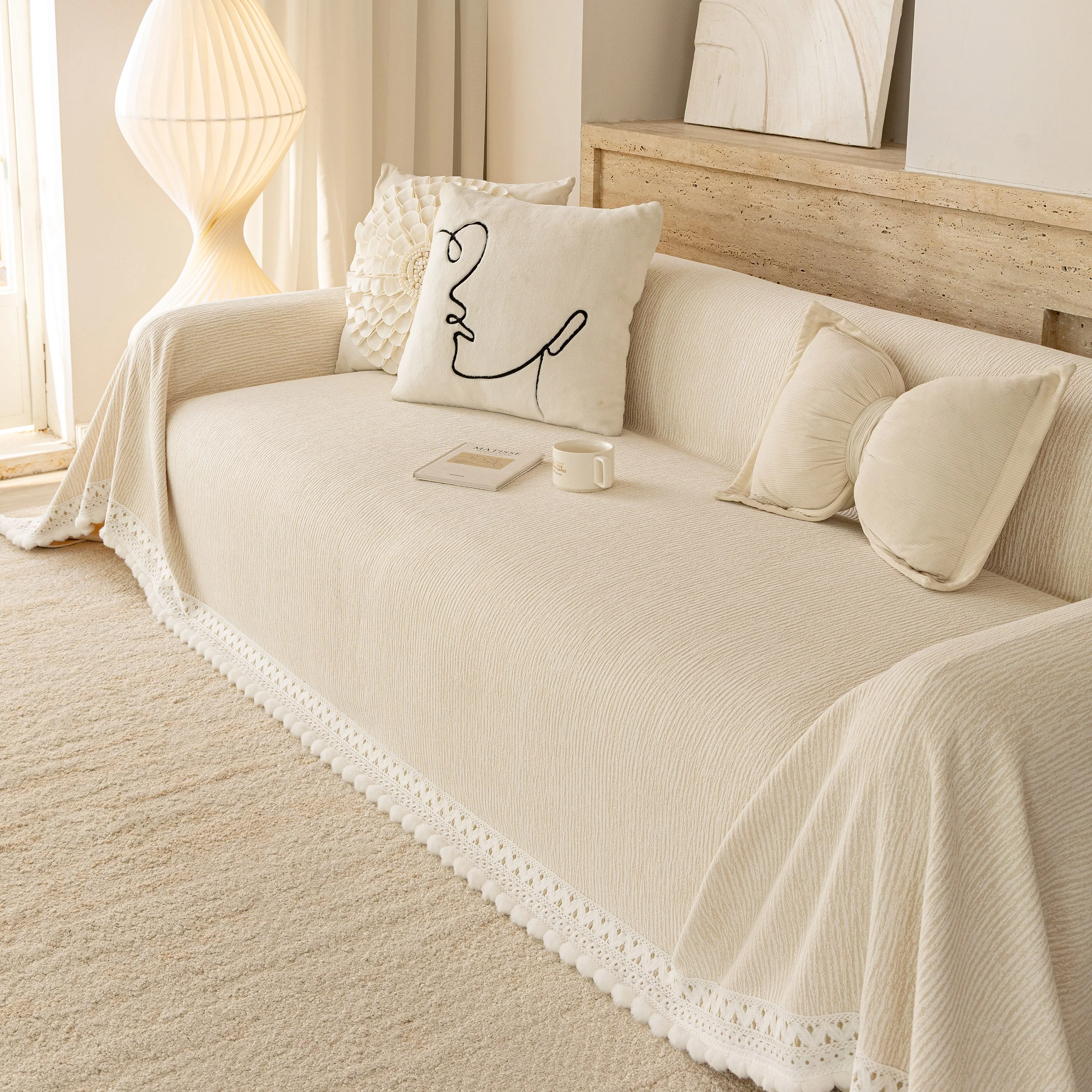 Sofa Cover Throw with Lace Trim & Pom-Pom Fringe, Decorative Couch Cover Blanket - Image 79