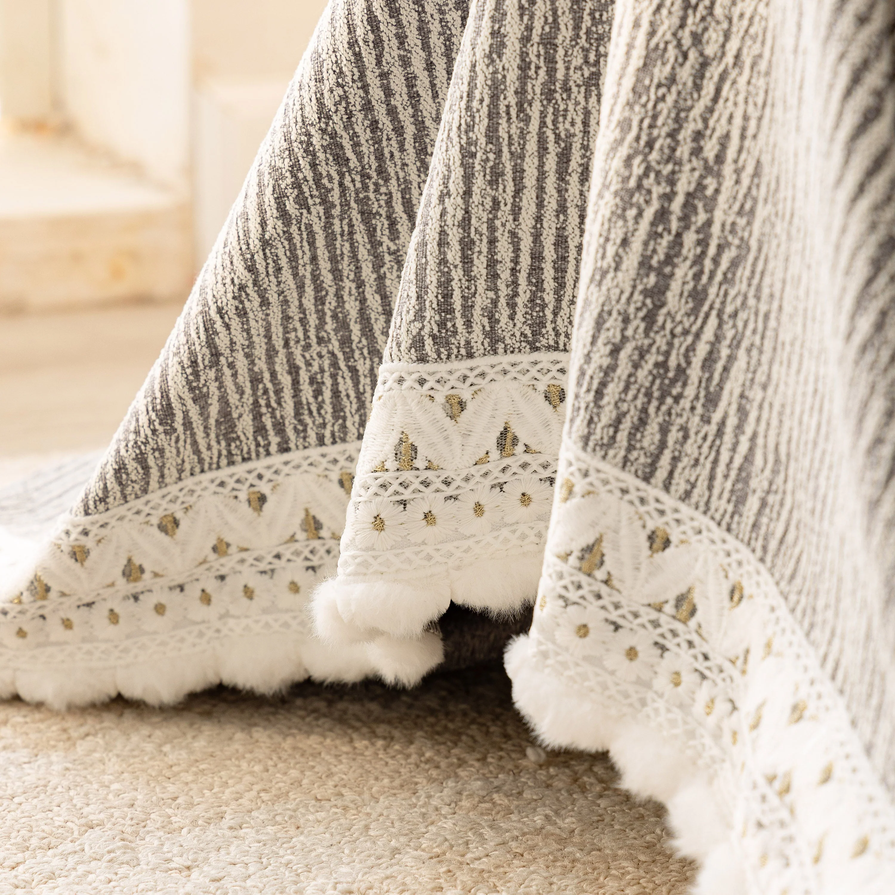 Sofa Cover Throw with Lace Trim & Pom-Pom Fringe, Decorative Couch Cover Blanket - Image 8