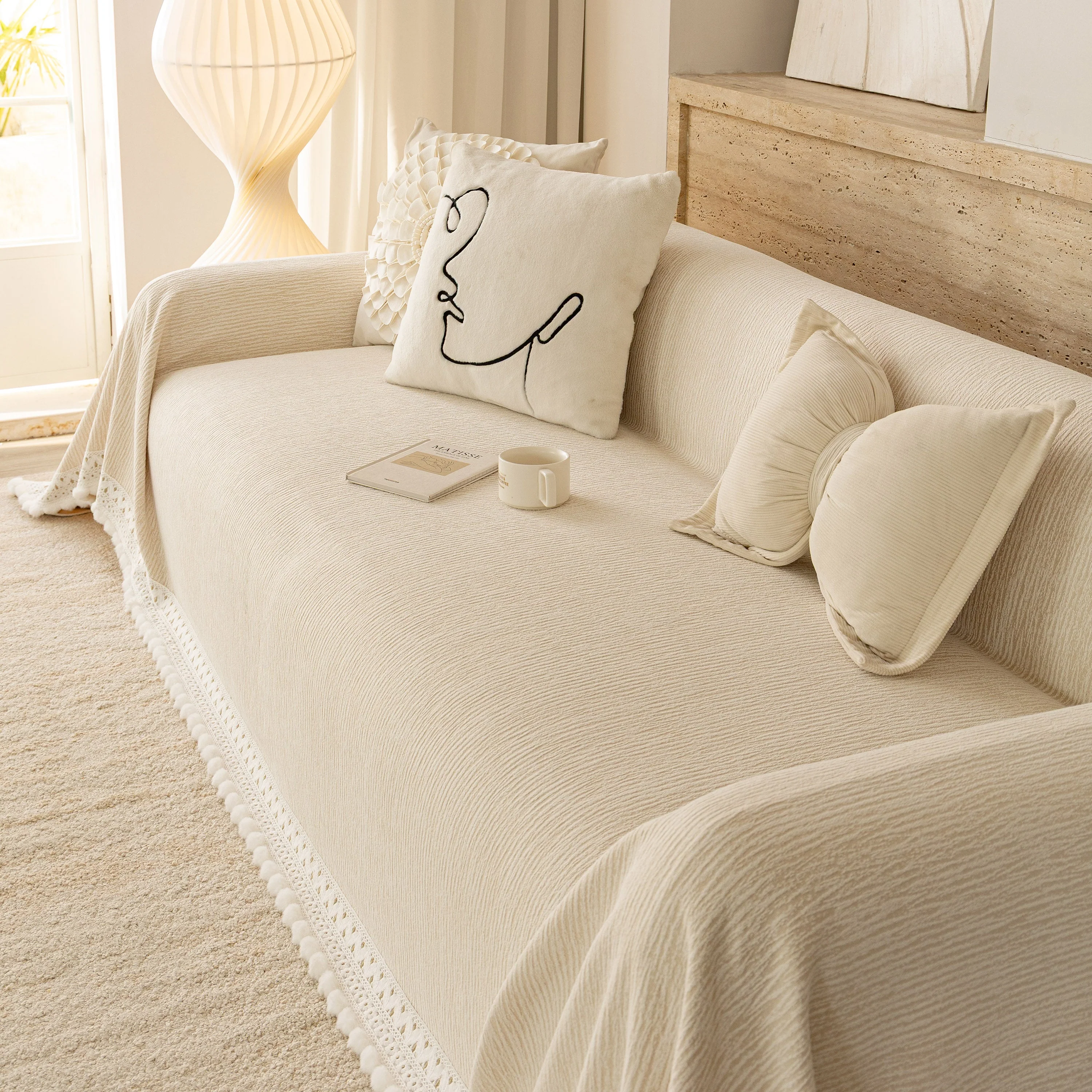 Sofa Cover Throw with Lace Trim & Pom-Pom Fringe, Decorative Couch Cover Blanket - Image 80
