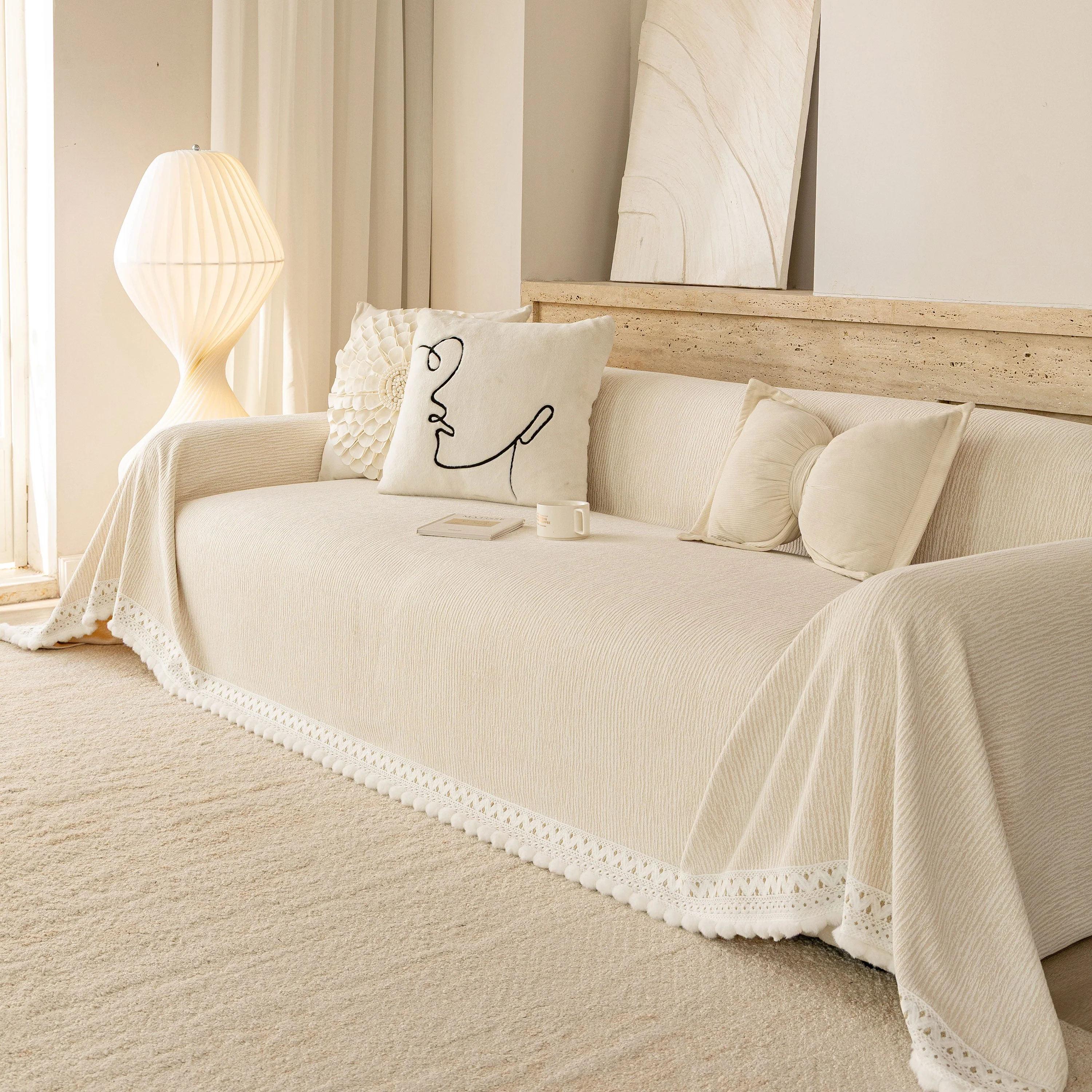 Sofa Cover Throw with Lace Trim & Pom-Pom Fringe, Decorative Couch Cover Blanket - Image 81