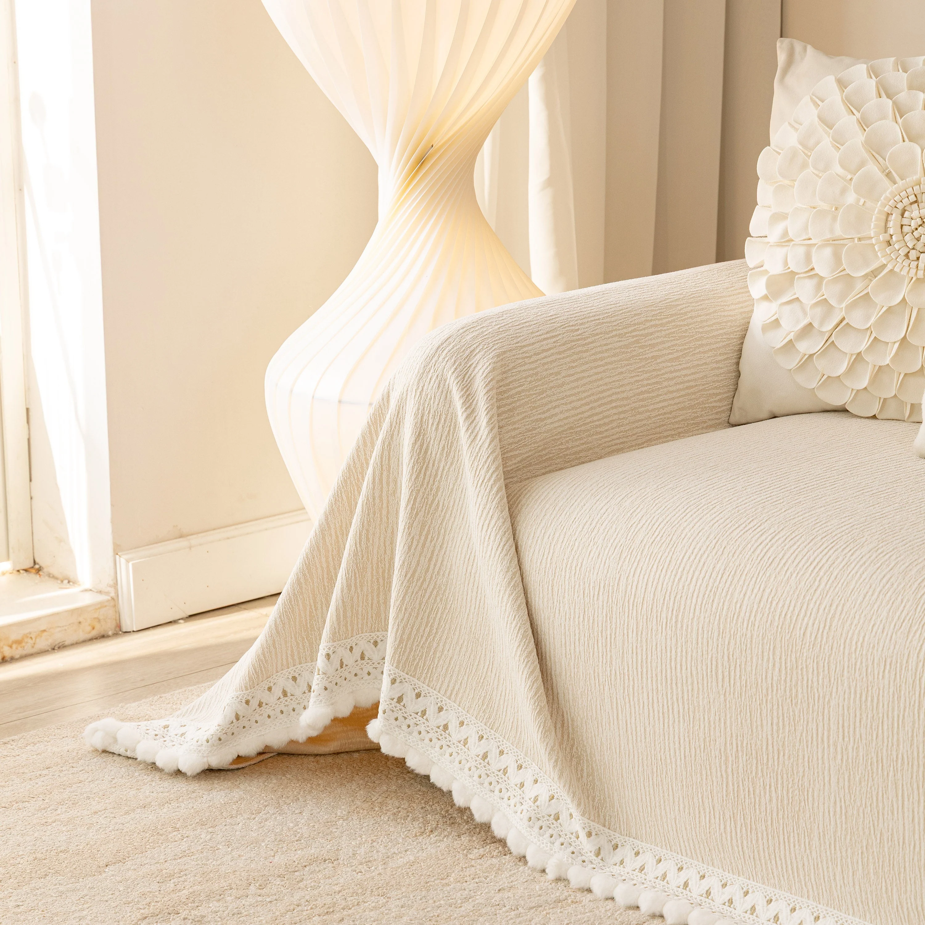 Sofa Cover Throw with Lace Trim & Pom-Pom Fringe, Decorative Couch Cover Blanket - Image 82