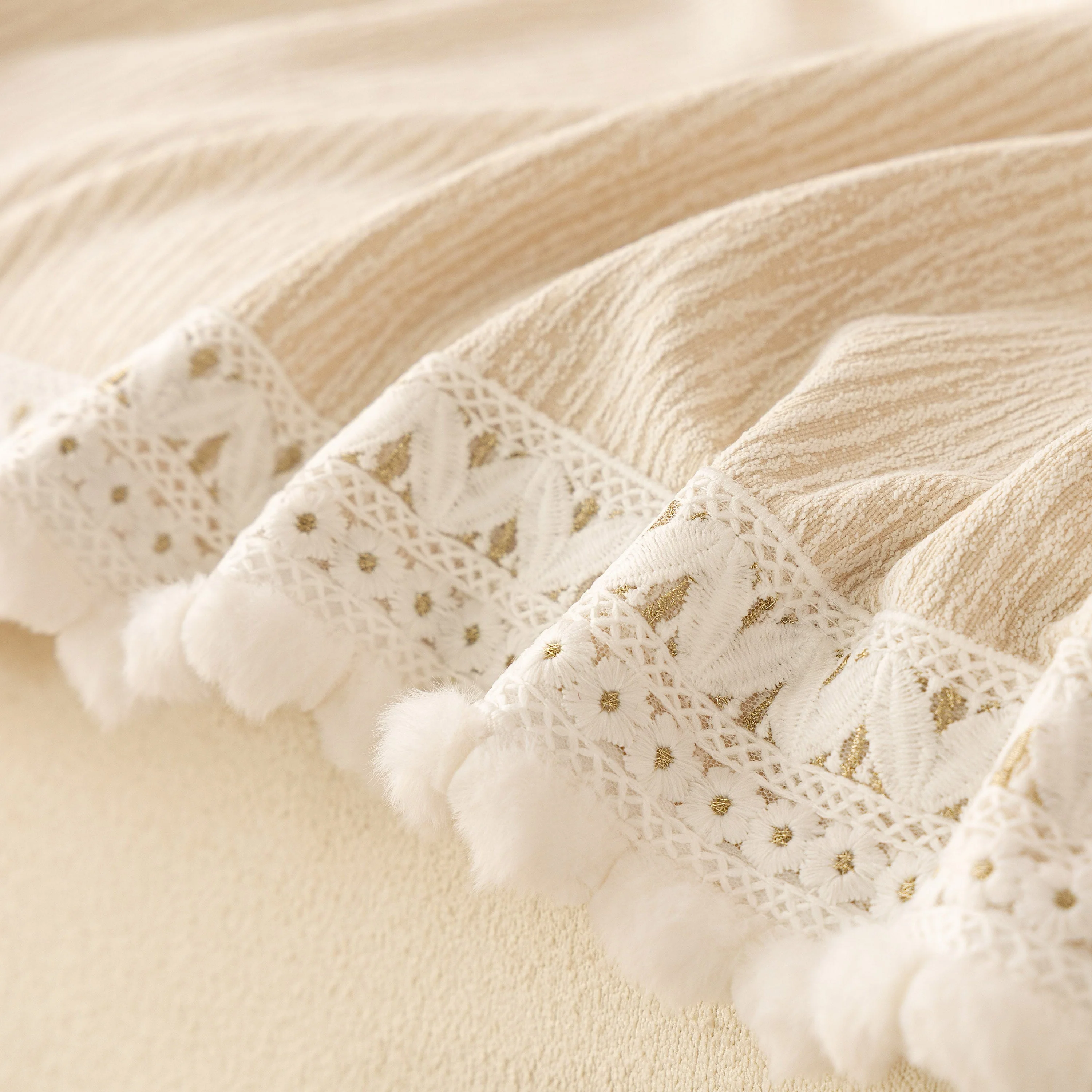 Sofa Cover Throw with Lace Trim & Pom-Pom Fringe, Decorative Couch Cover Blanket - Image 84
