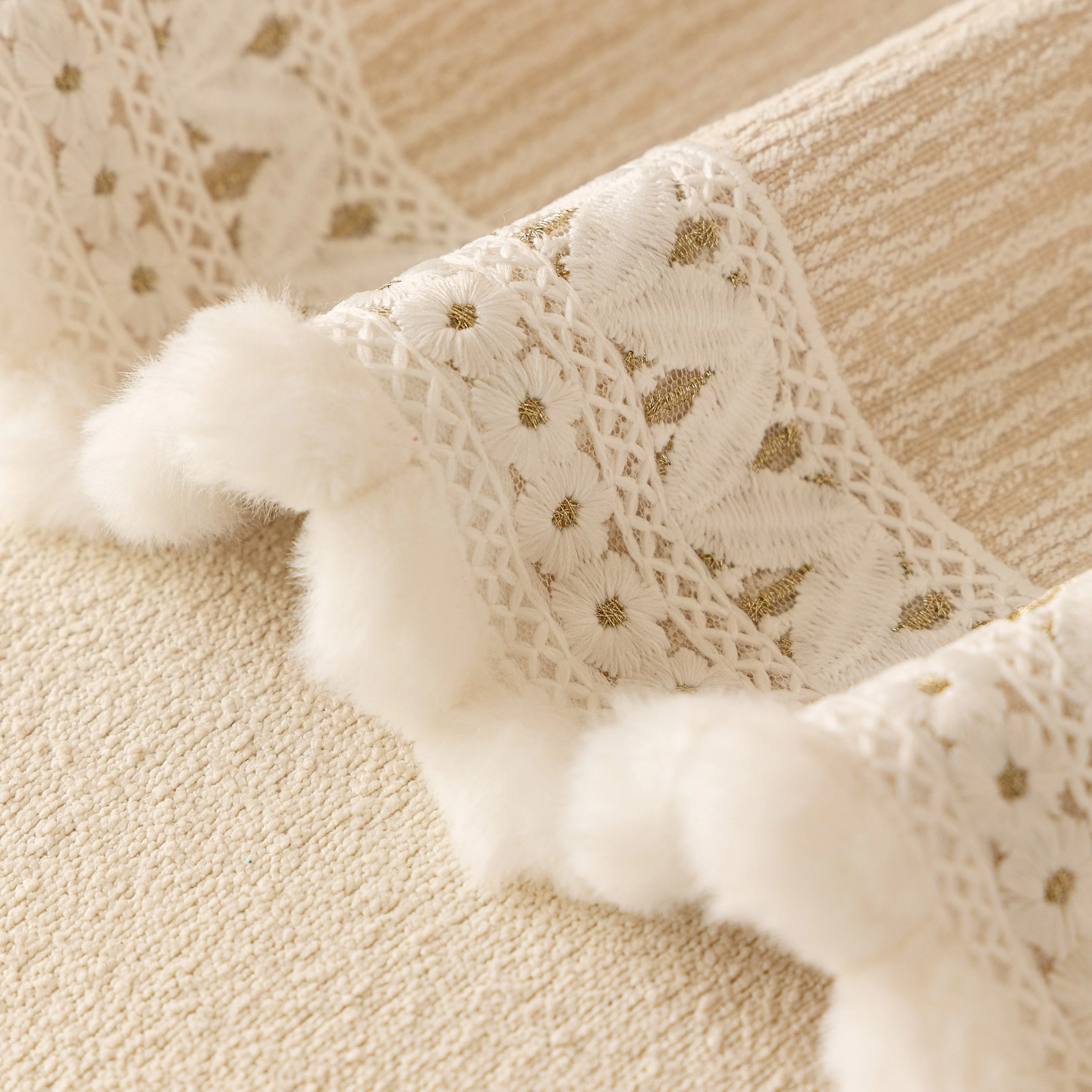 Sofa Cover Throw with Lace Trim & Pom-Pom Fringe, Decorative Couch Cover Blanket - Image 85
