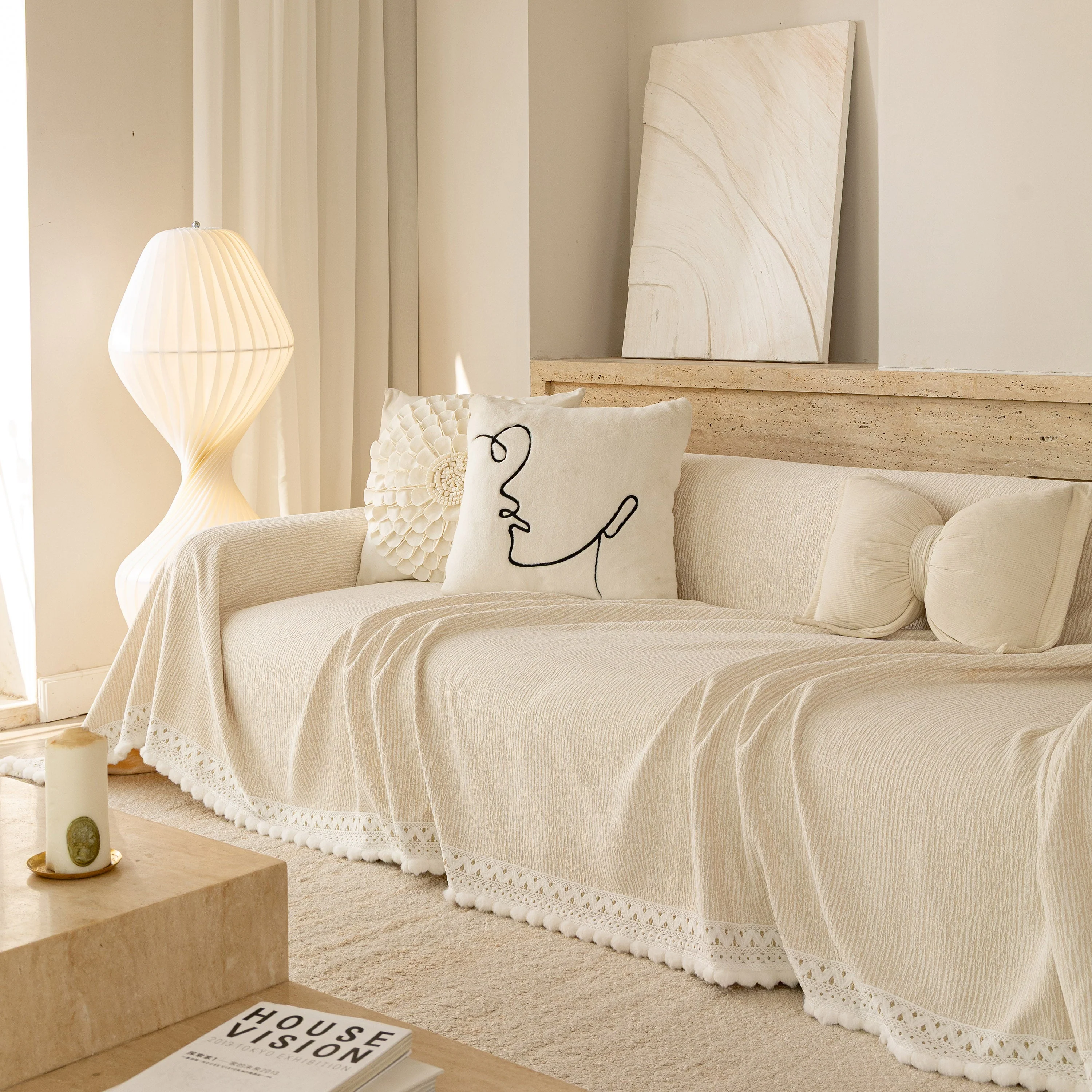 Sofa Cover Throw with Lace Trim & Pom-Pom Fringe, Decorative Couch Cover Blanket - Image 87