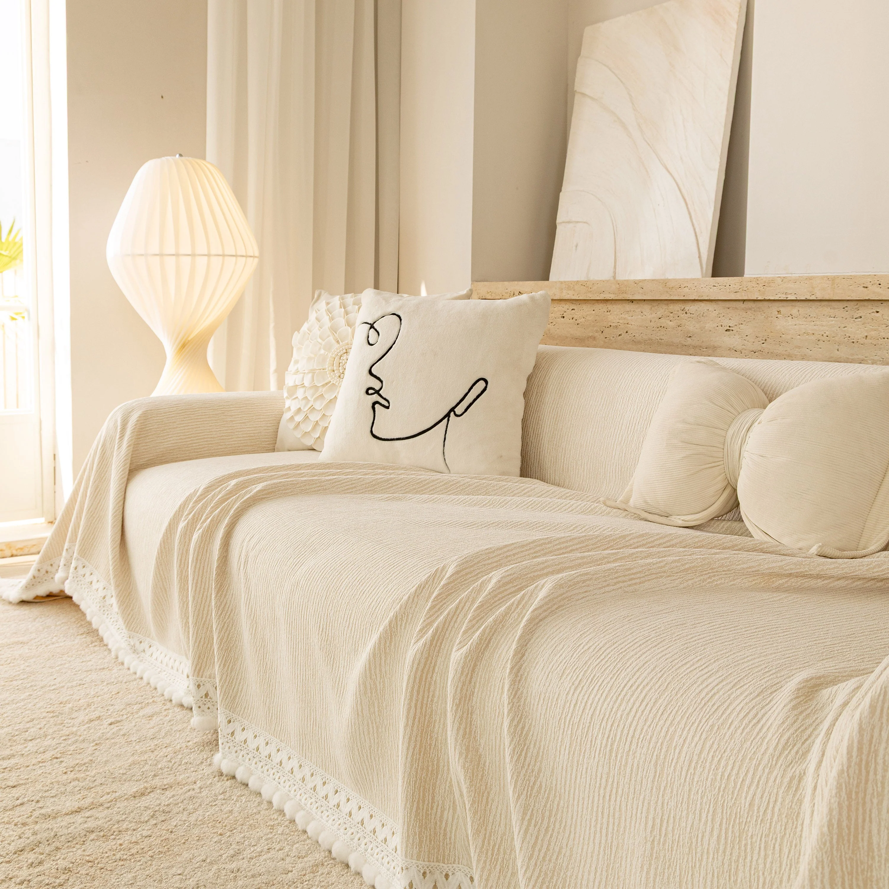 Sofa Cover Throw with Lace Trim & Pom-Pom Fringe, Decorative Couch Cover Blanket - Image 88