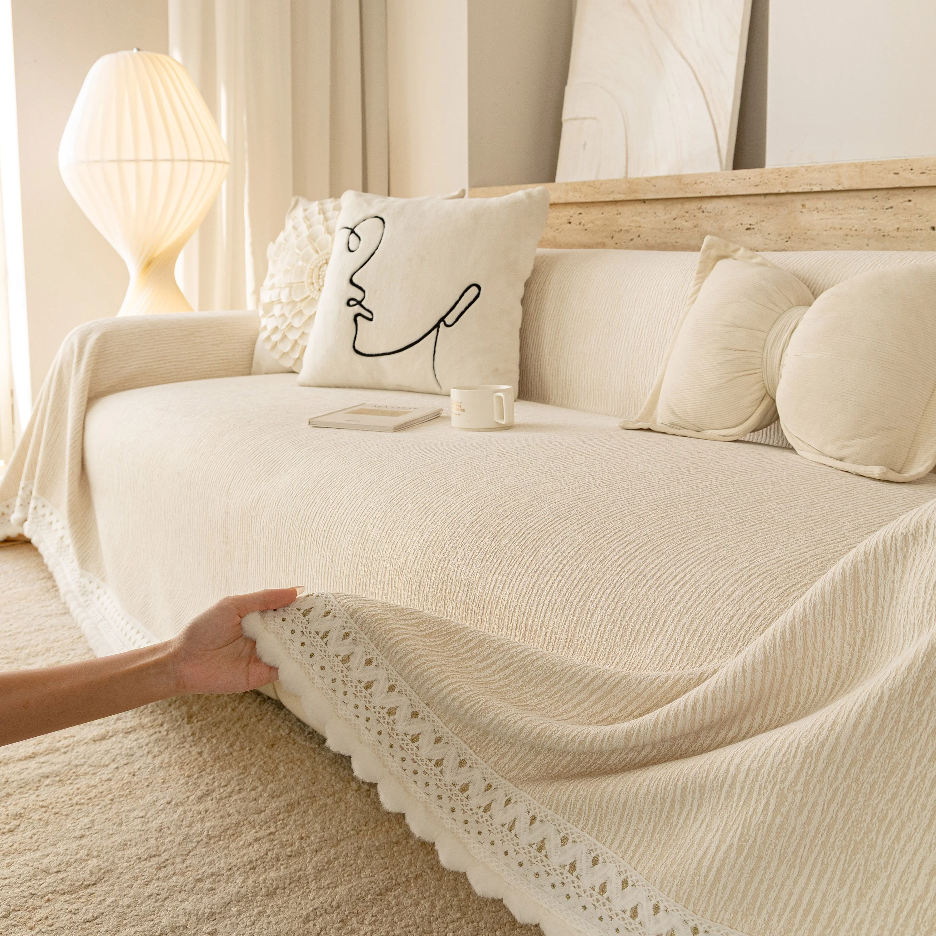 Sofa Cover Throw with Lace Trim & Pom-Pom Fringe, Decorative Couch Cover Blanket - Image 90