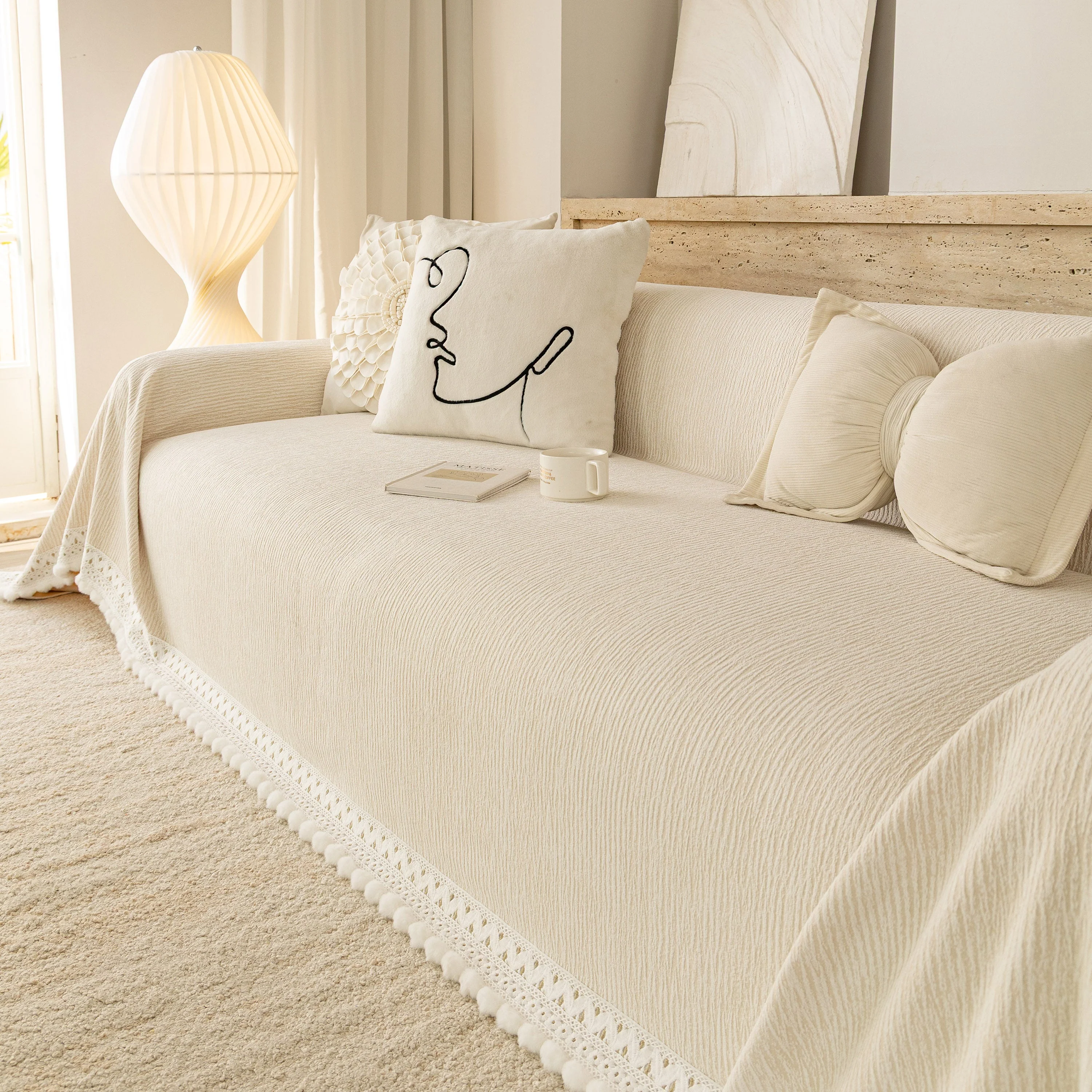 Sofa Cover Throw with Lace Trim & Pom-Pom Fringe, Decorative Couch Cover Blanket - Image 94