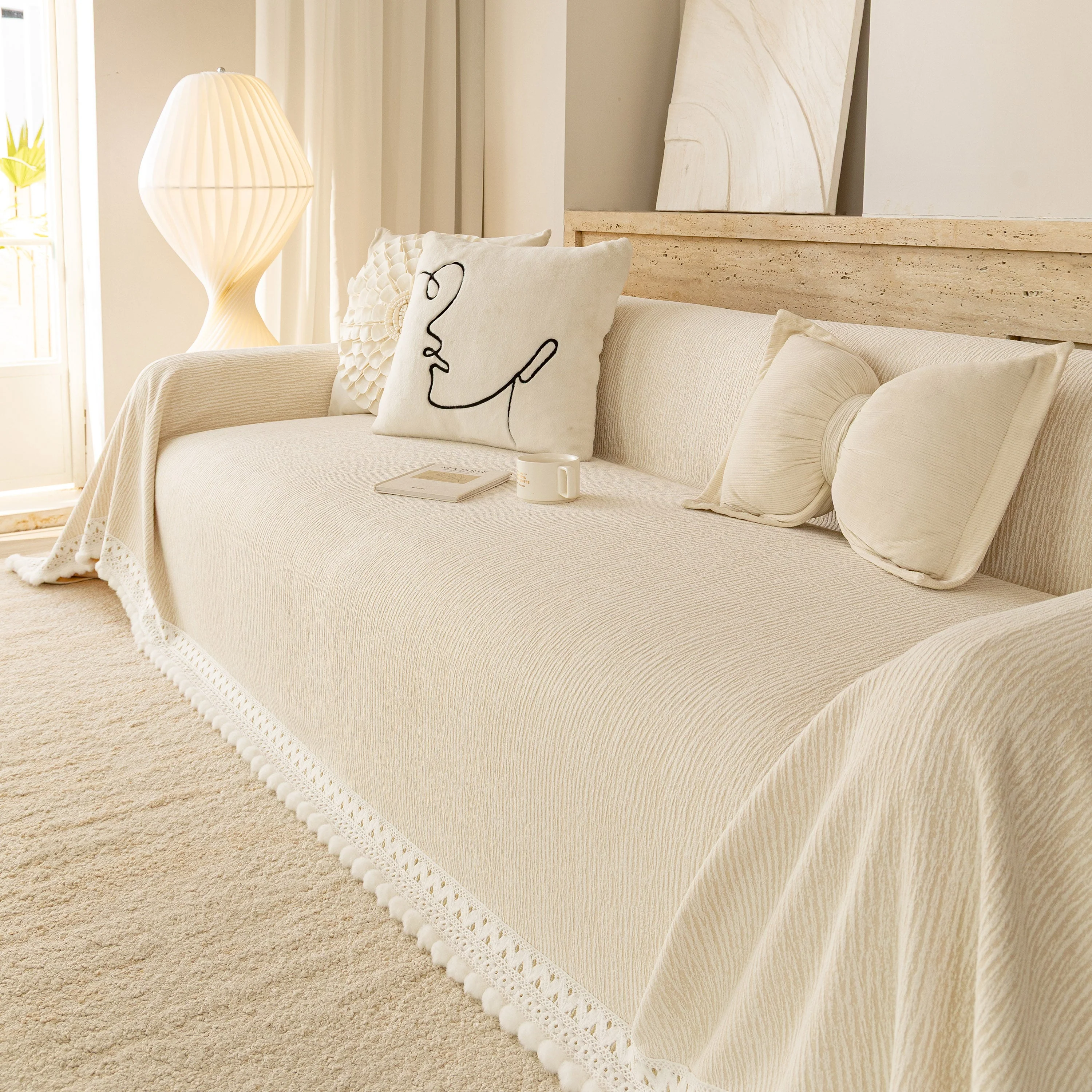 Sofa Cover Throw with Lace Trim & Pom-Pom Fringe, Decorative Couch Cover Blanket - Image 95