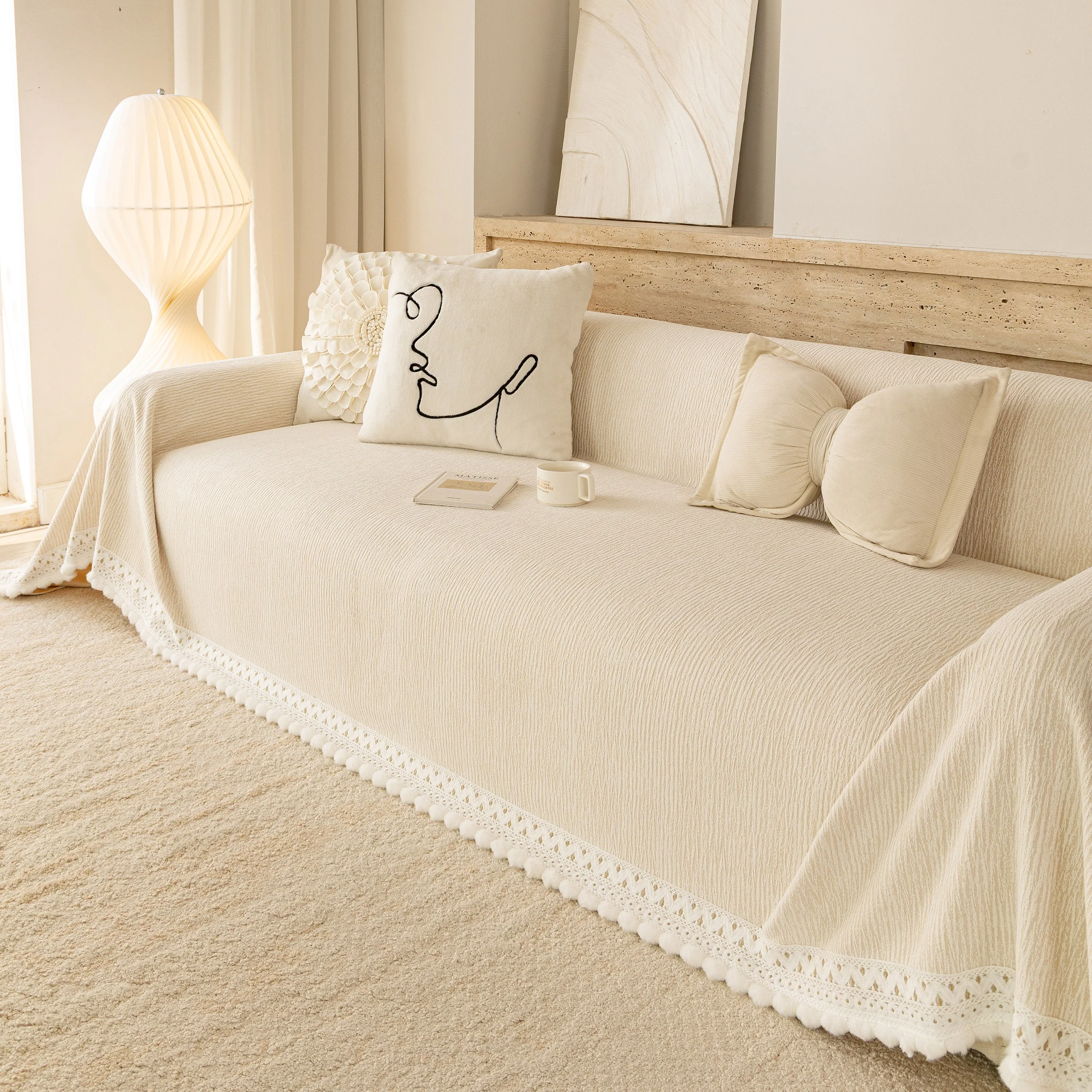 Sofa Cover Throw with Lace Trim & Pom-Pom Fringe, Decorative Couch Cover Blanket - Image 96