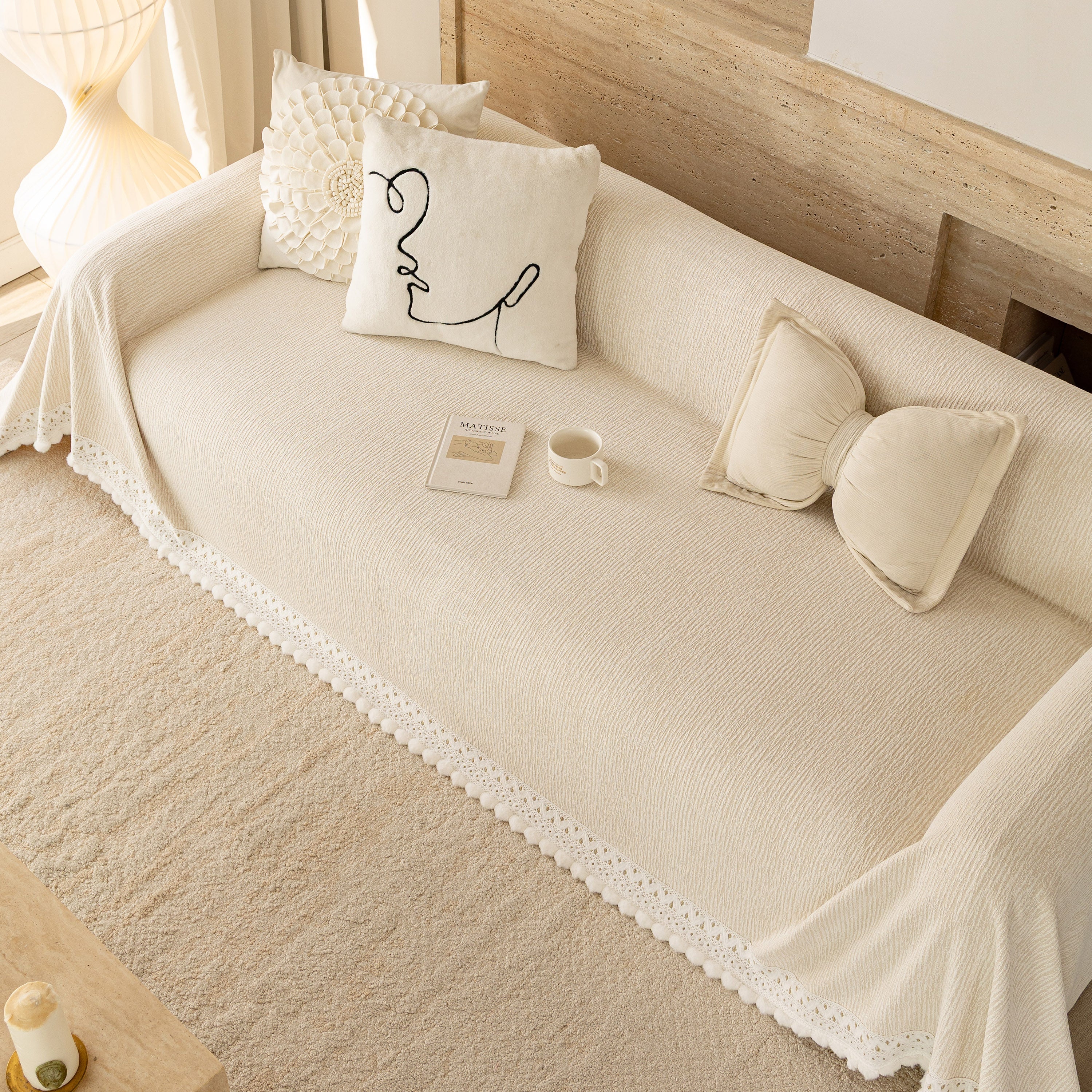 Sofa Cover Throw with Lace Trim & Pom-Pom Fringe, Decorative Couch Cover Blanket - Image 97
