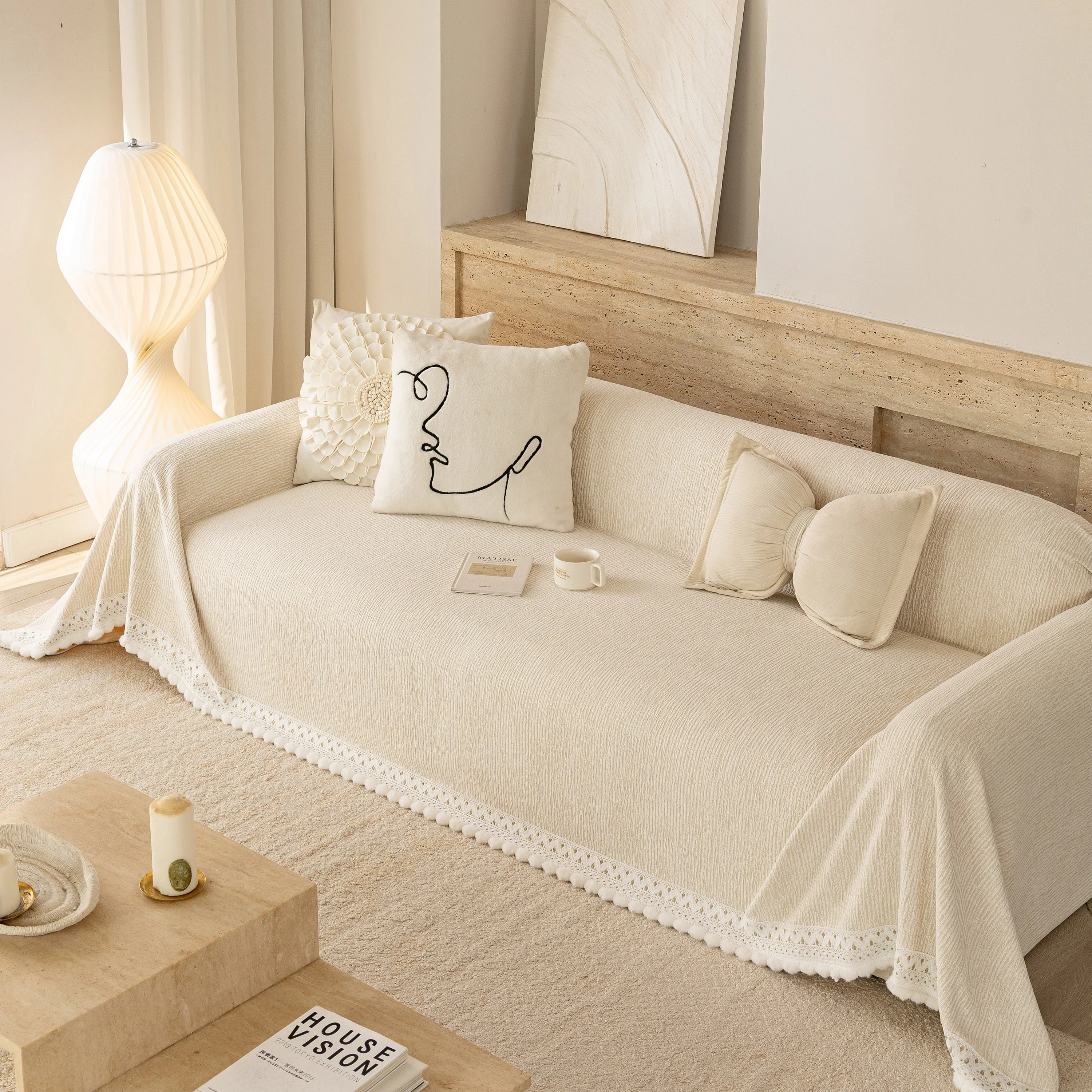 Sofa Cover Throw with Lace Trim & Pom-Pom Fringe, Decorative Couch Cover Blanket - Image 98