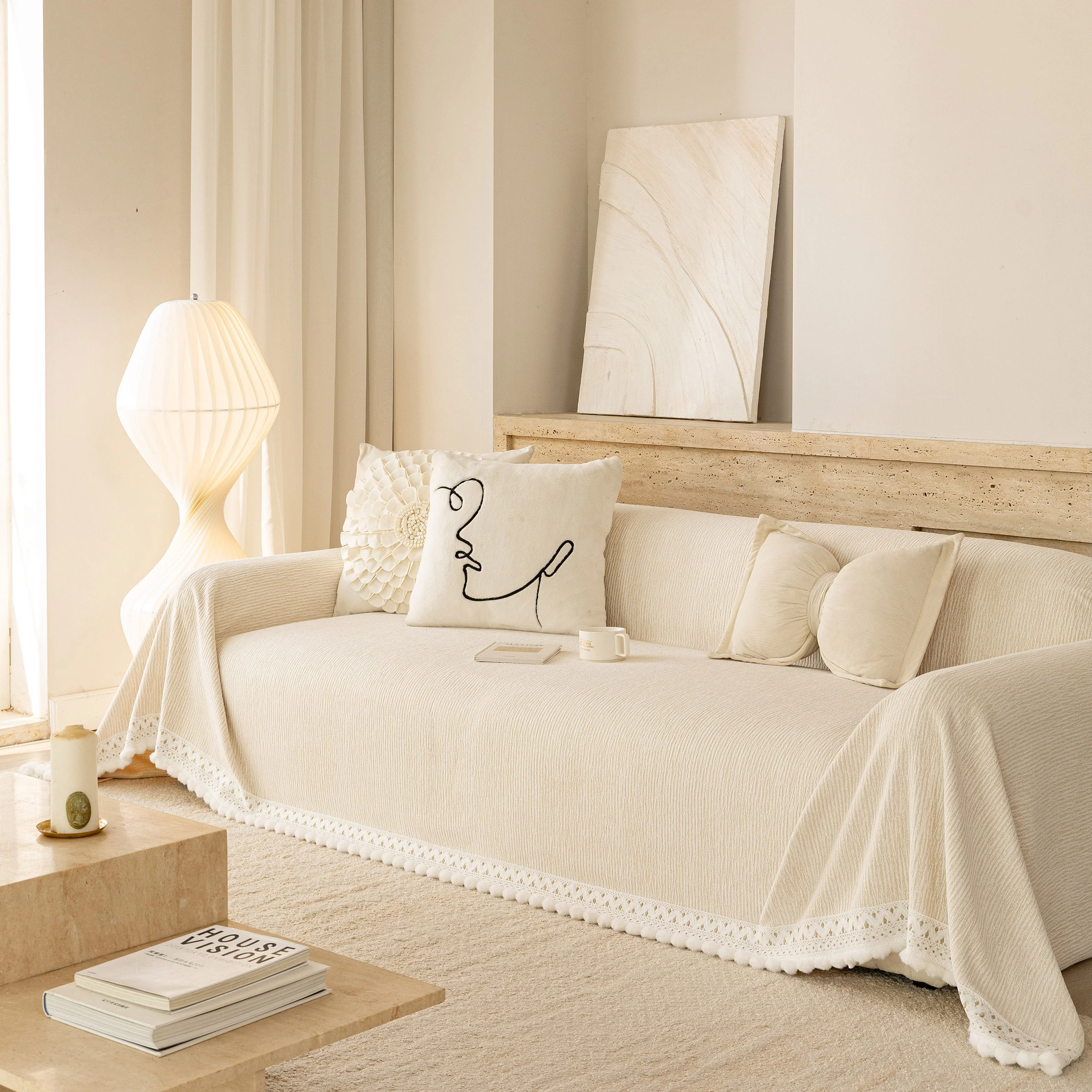 Sofa Cover Throw with Lace Trim & Pom-Pom Fringe, Decorative Couch Cover Blanket - Image 99