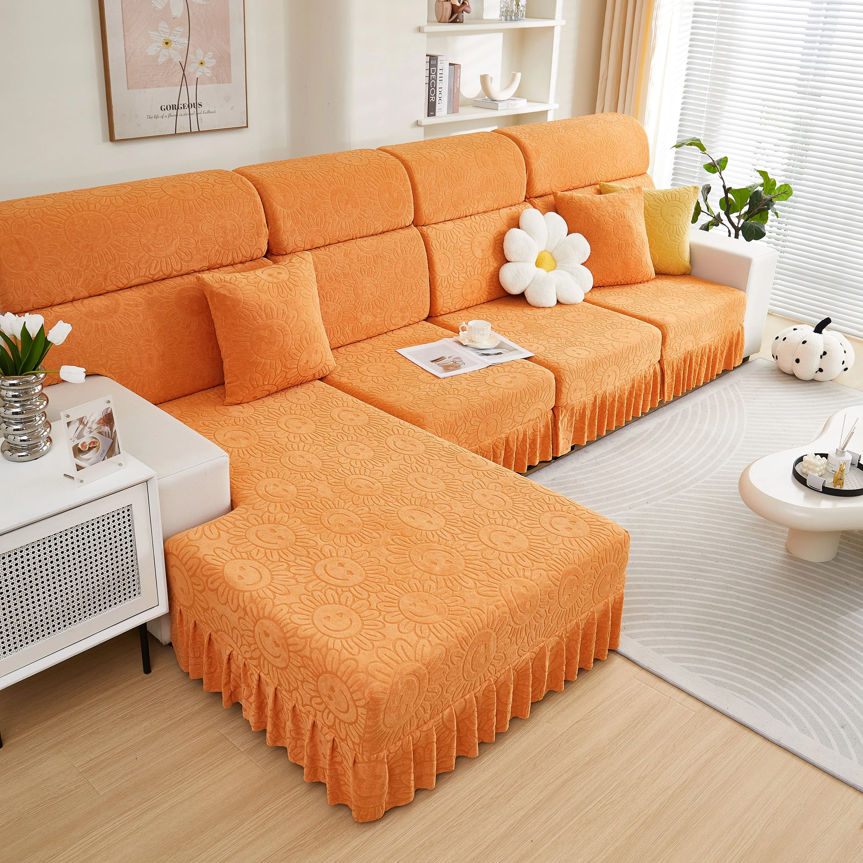 Sofa Seat Cover, Sunflower Patterned Elastic Skirted Couch Cushion Covers for 1/2/3/4-Seater Sofas - Image 100
