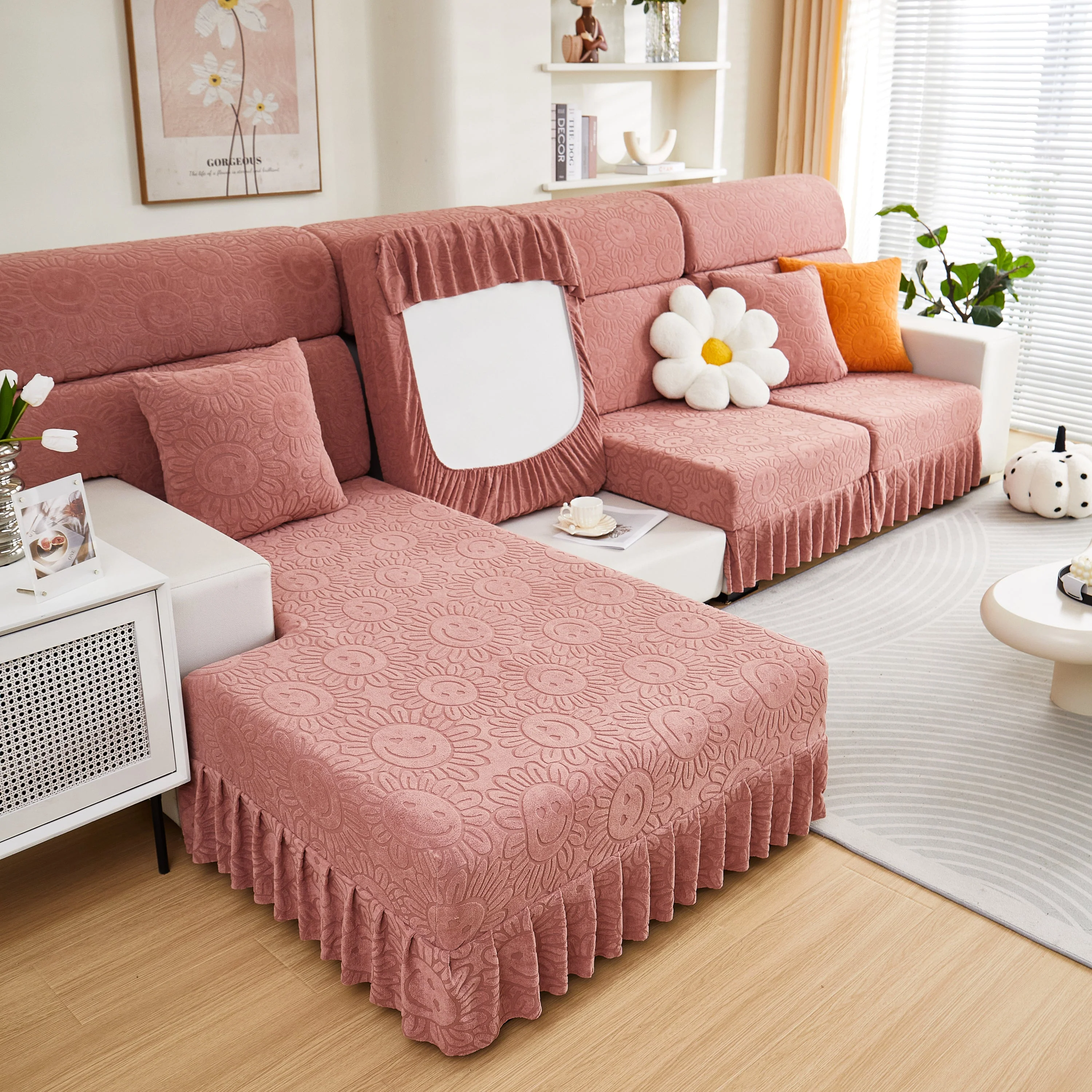 Sofa Seat Cover, Sunflower Patterned Elastic Skirted Couch Cushion Covers for 1/2/3/4-Seater Sofas - Image 26